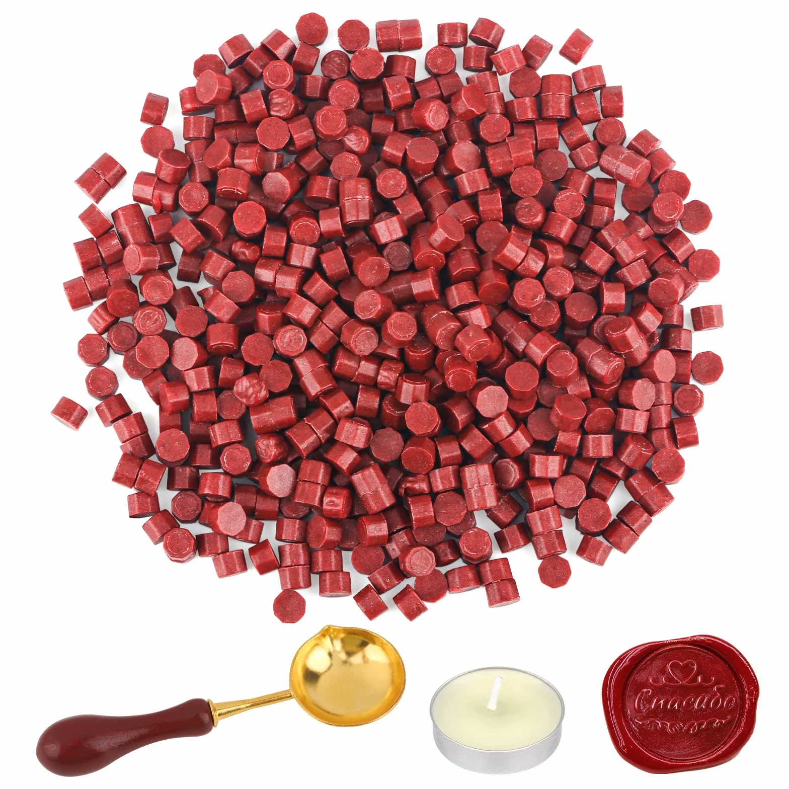 Kit de Sceau de Cire Octogonal Rouge avec 500 Perles de Cire et Cuillère à Fondre