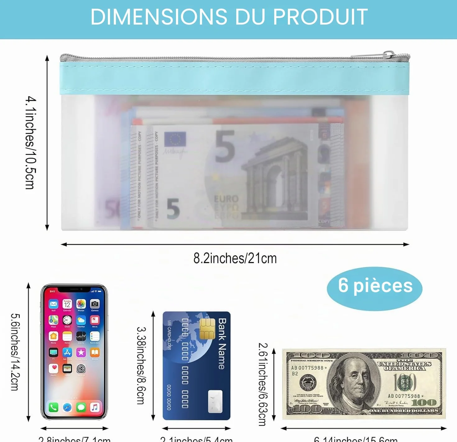 VOSSOT 6 Pièces Sacs d'argent avec Fermeture Éclair Pochette Transparente pour Banque 19,3x9,4 cm