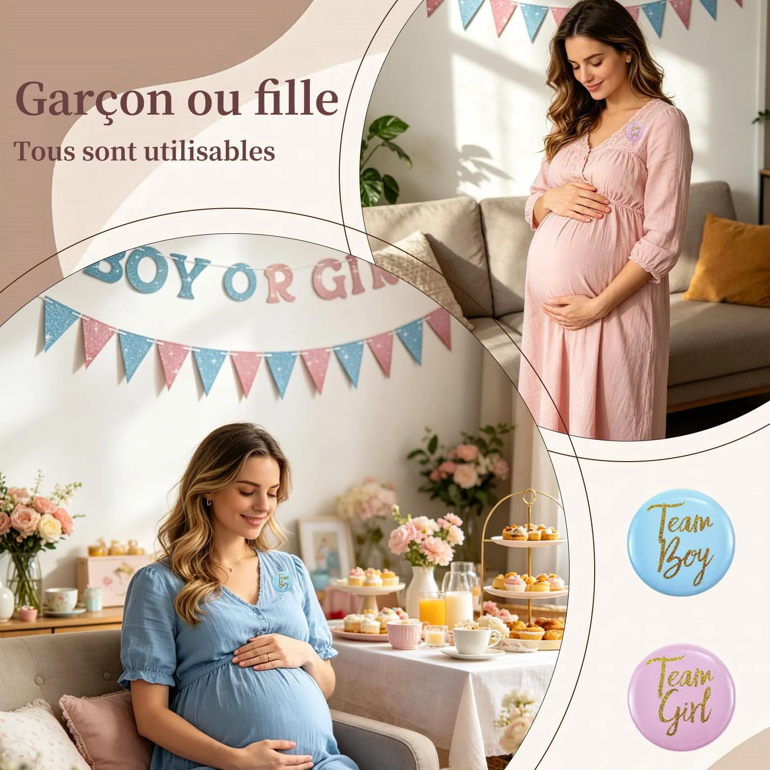 Guirlande Gender Reveal 3 m avec Fanions Cœurs 30 Badges Team Boy Girl Décor Rose Bleu Brillant Baby Shower