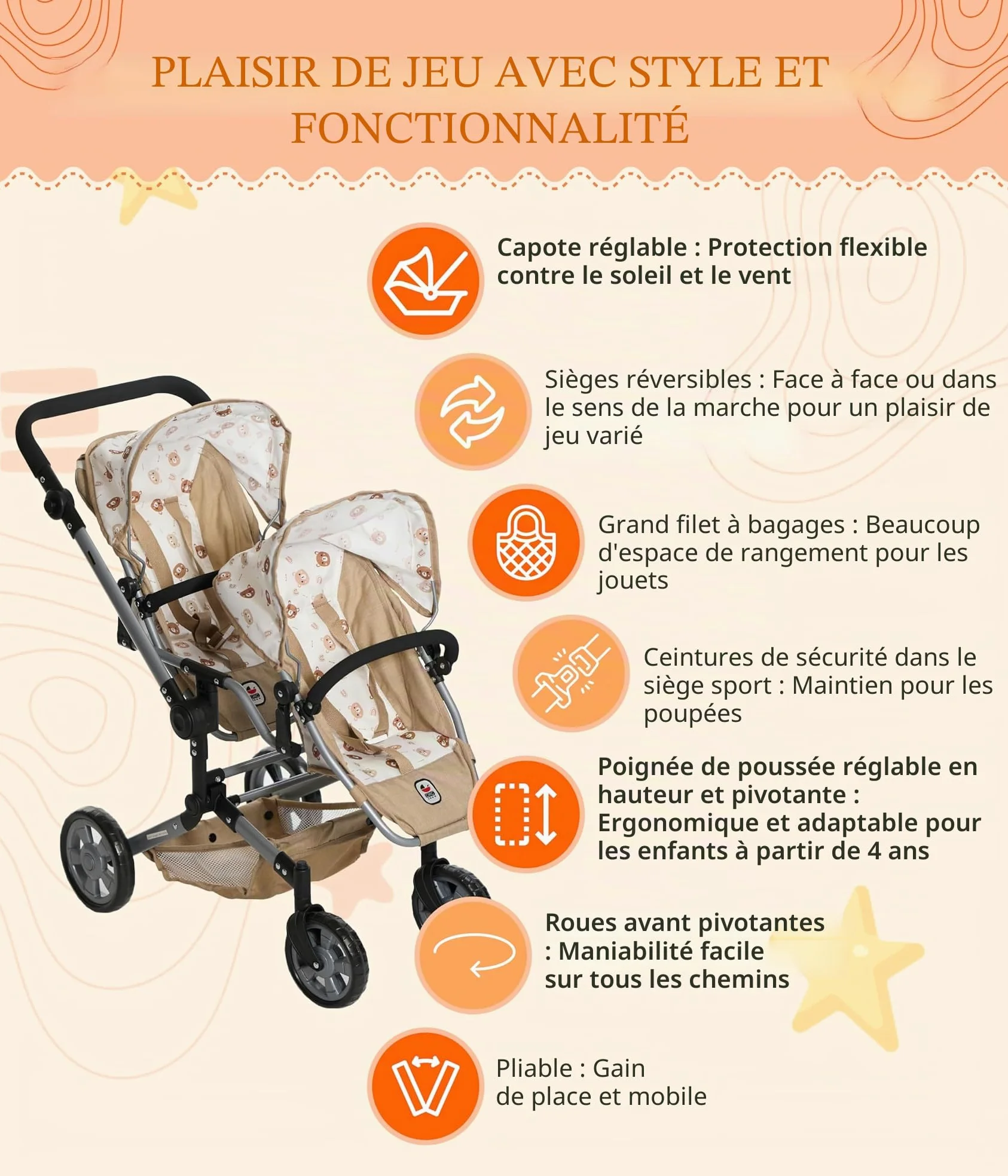 Bayer Chic 2000 Poussette poupée Double Linus Duo Pliable réglable | Poussette double pliable avec poignée réglable de 50 à 82 cm, conçue pour transporter 2 poupées.
