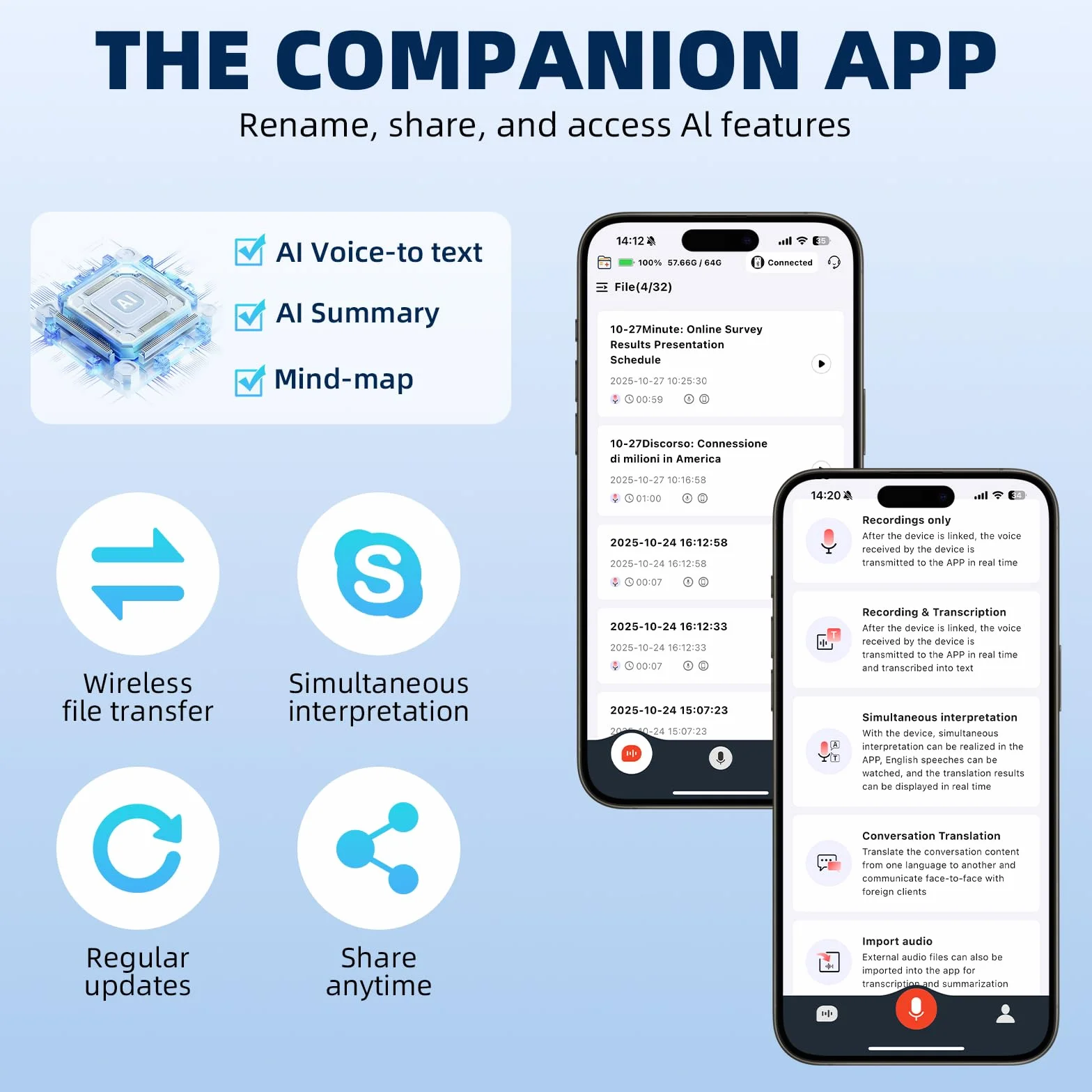 Enregistreur Vocal AI 64GB Professionnel Portable avec Transcription et Résumé, 256 Langues, Contrôle par Application