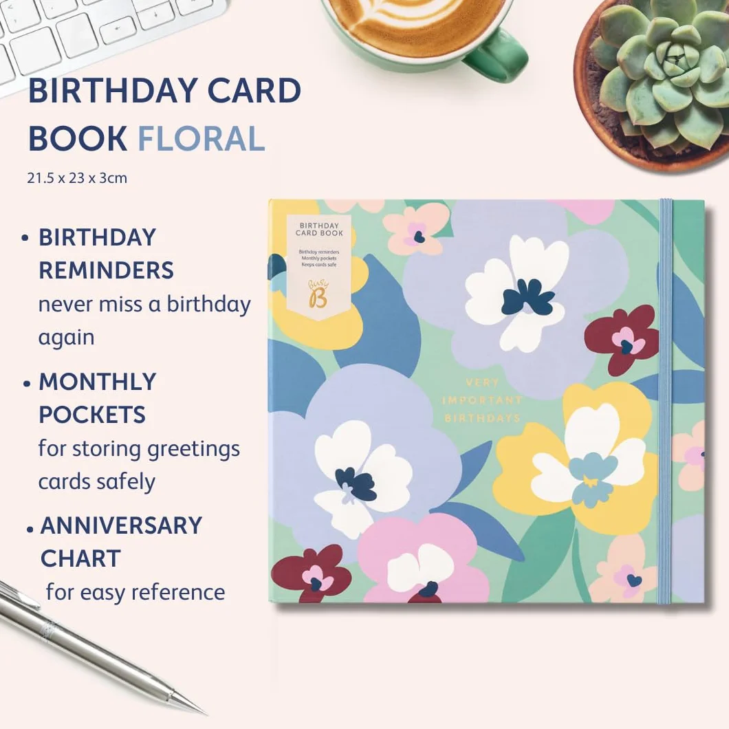 Busy B Livret de cartes d'anniversaire Florale Carnet avec rappels d'anniversaire pochettes de rangement