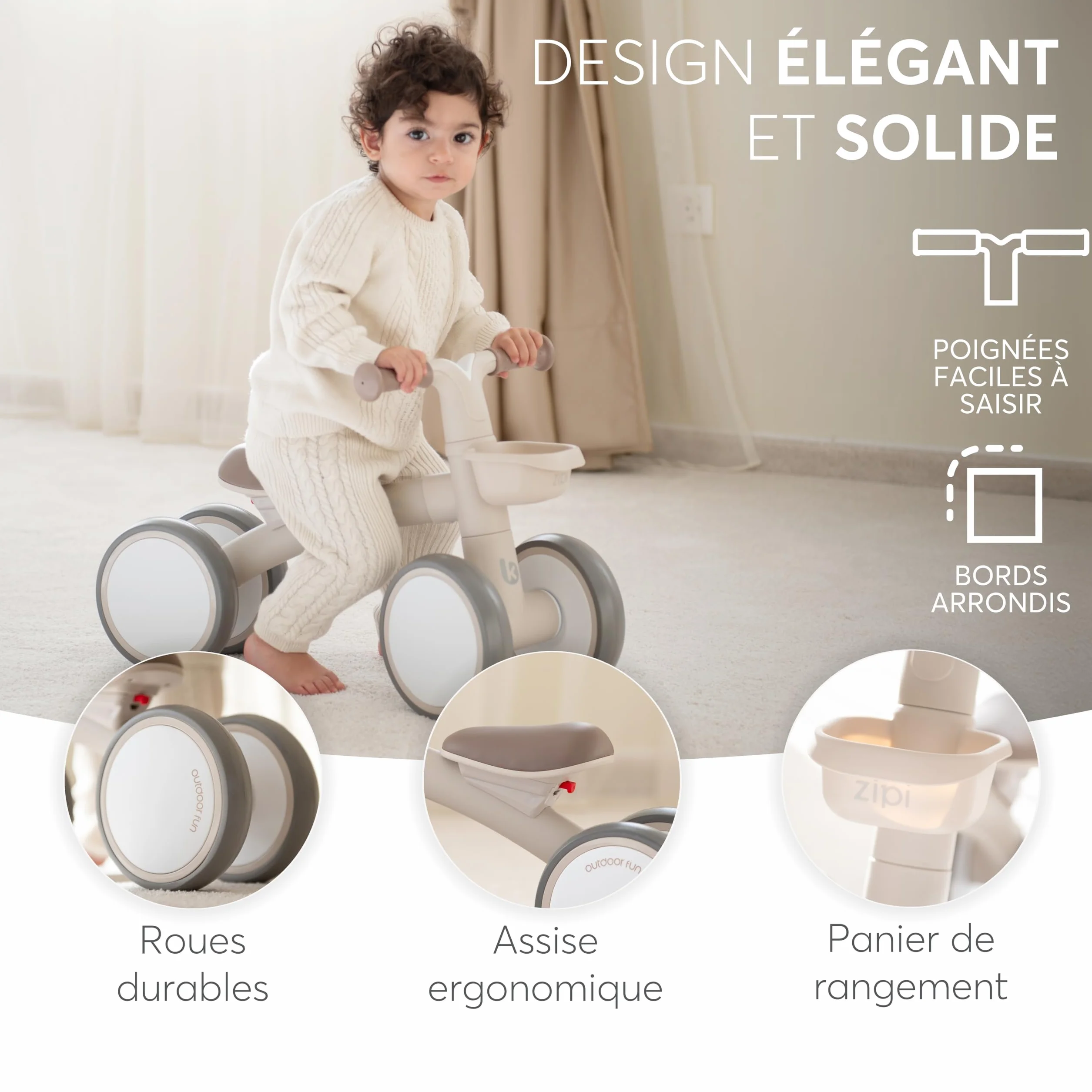 KikkaBoo Vélo sans pédales ZIPI, vélo d'équilibre bébé 1-3 Ans avec Panier réglable