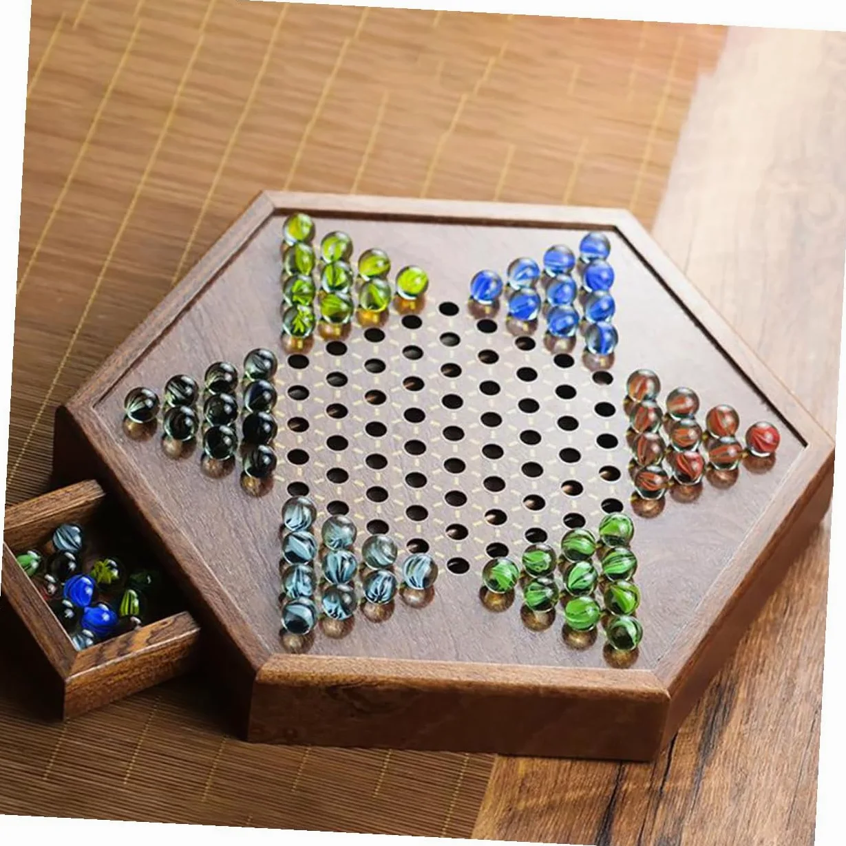 Hohopeti Jeu de Dames Chinois Bois avec Tiroir de Rangement Plateau Solide et Billes Verre Colorées Jeu de Stratégie Familial pour Garçon Fille et Adultes
