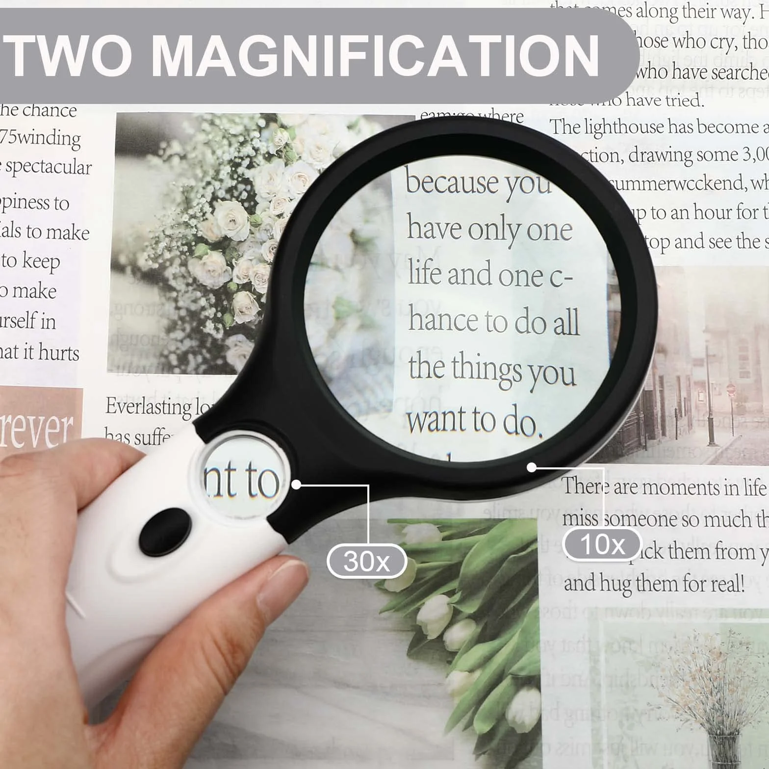 Loupe avec lumière 10X-30X double lentille 3 LED portable pour lecture personnes âgées enfants