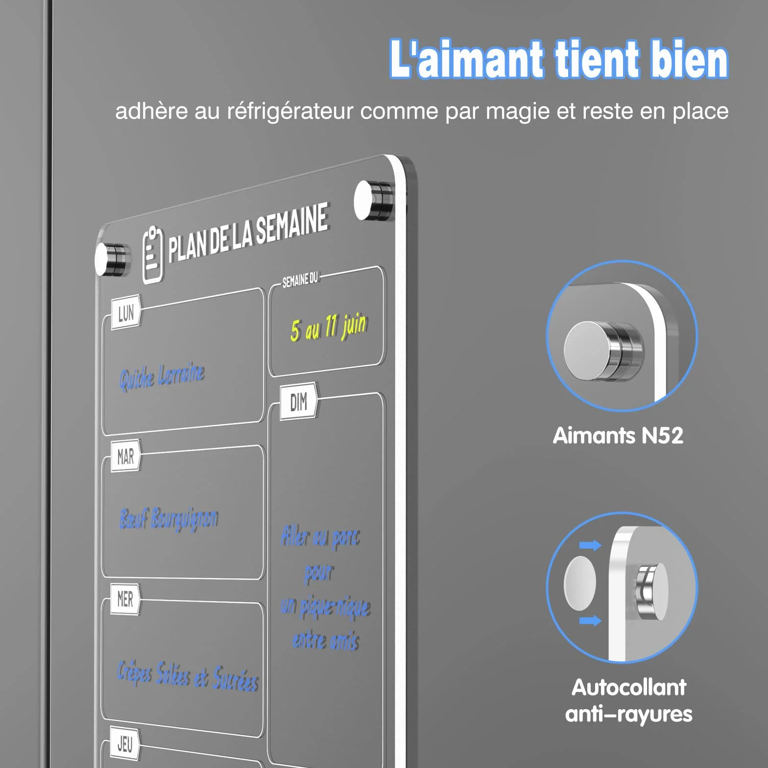Lot de 2 Tableau Magnétique Frigo 30 x 20 cm Acrylique Planning Semaine Effaçable Transparent avec Marqueur à Craie Liquide 6 Couleurs