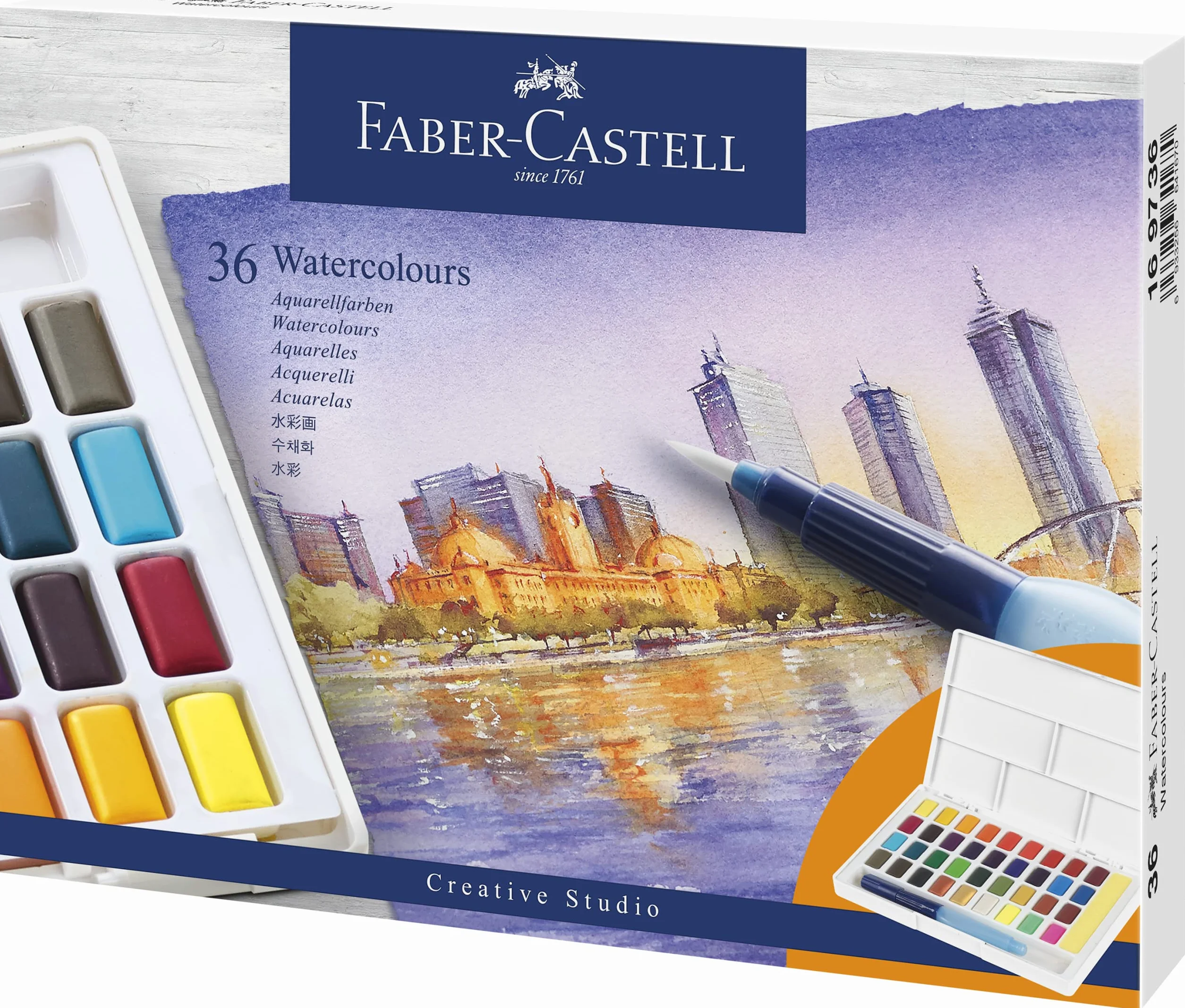 Faber-Castell 169736 Peintures aquarelles 36 godets pinceau à réservoir d'eau