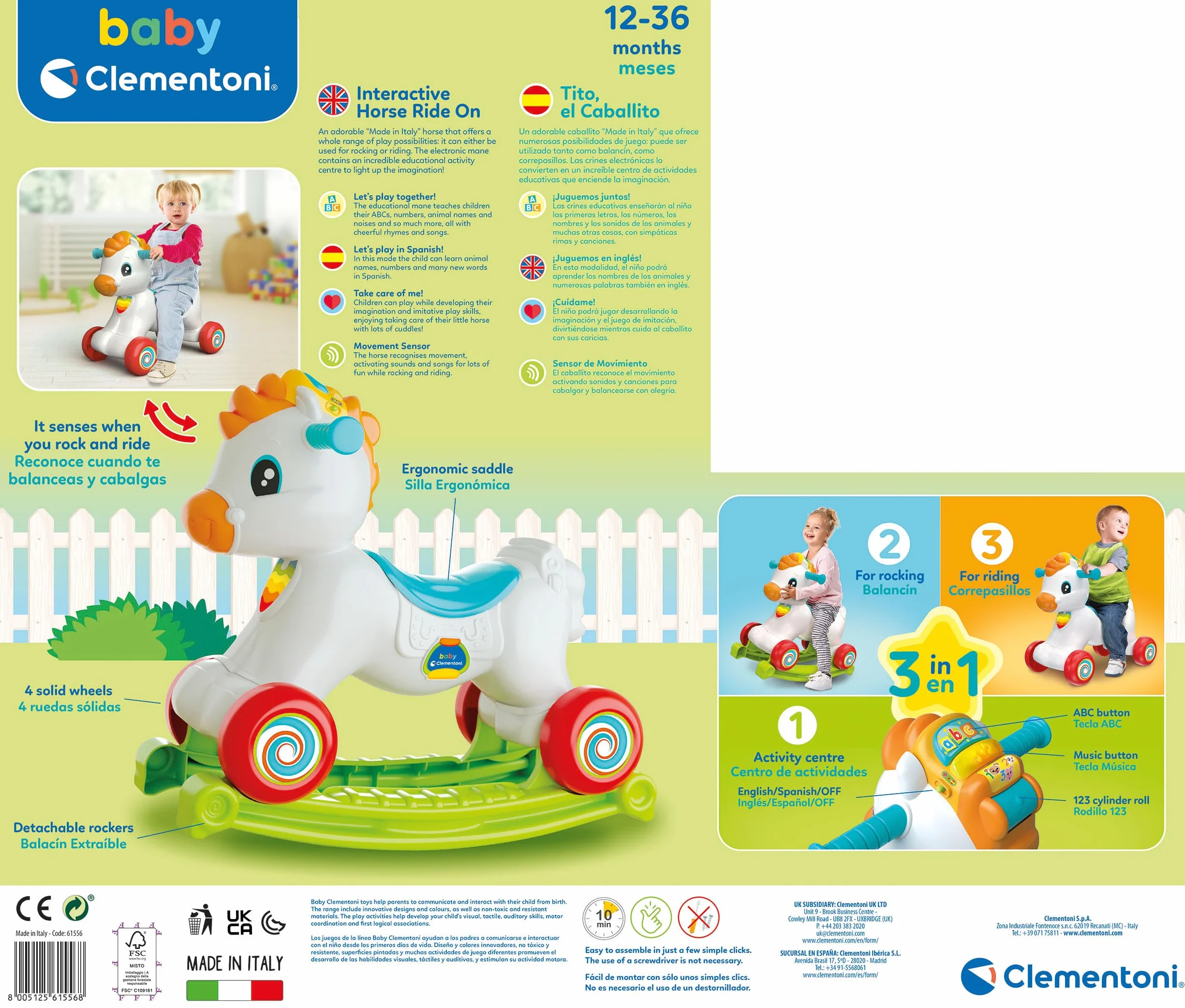Clementoni 61556 Tito Cheval à Bascule avec Musique Chiffres Lettres pour Bébés 12 Mois