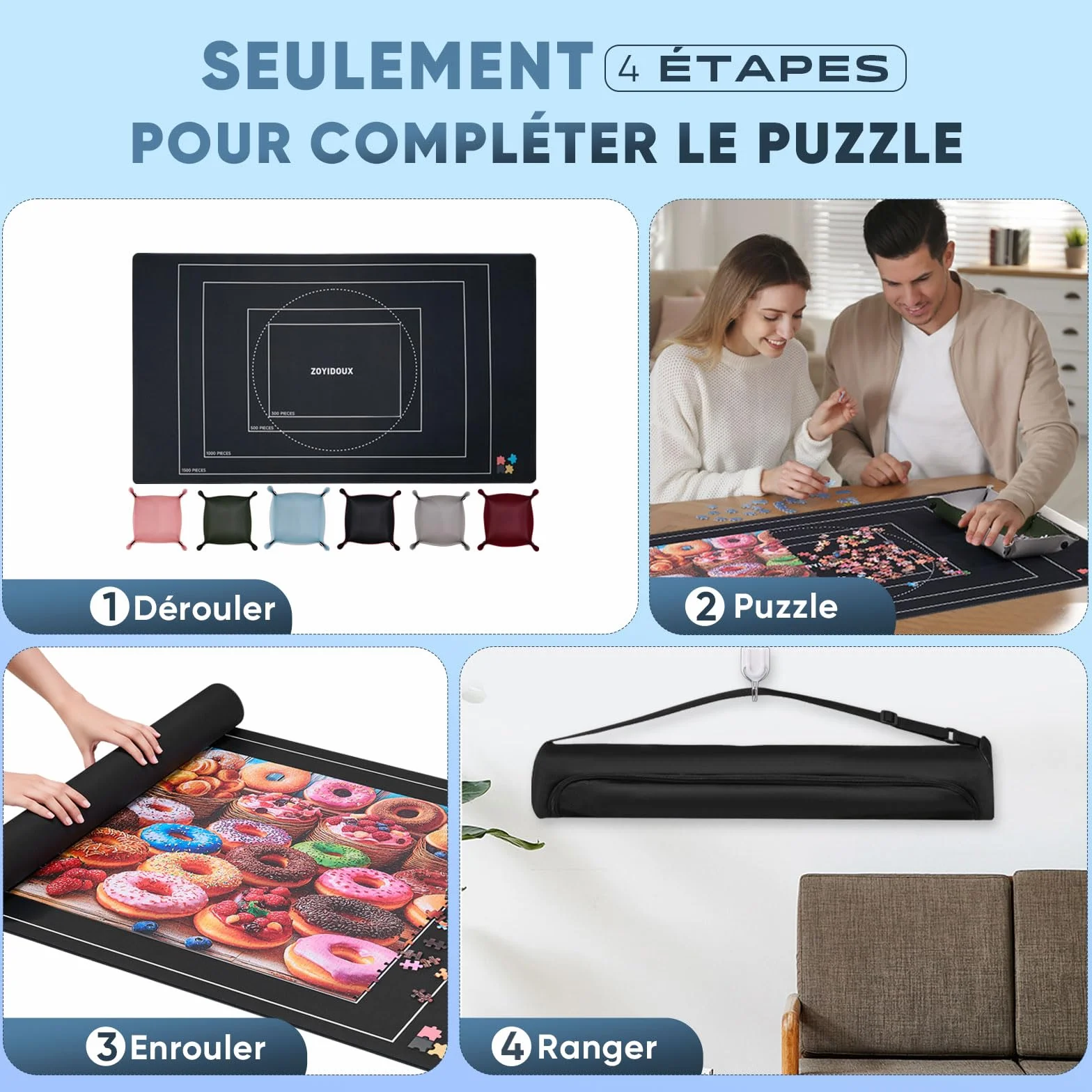 Tapis Puzzle 1500 pièces Surface Lisse Polyester Base antidérapante Caoutchouc Rouleau Mousse 6 Plateaux classement Sac Transport
