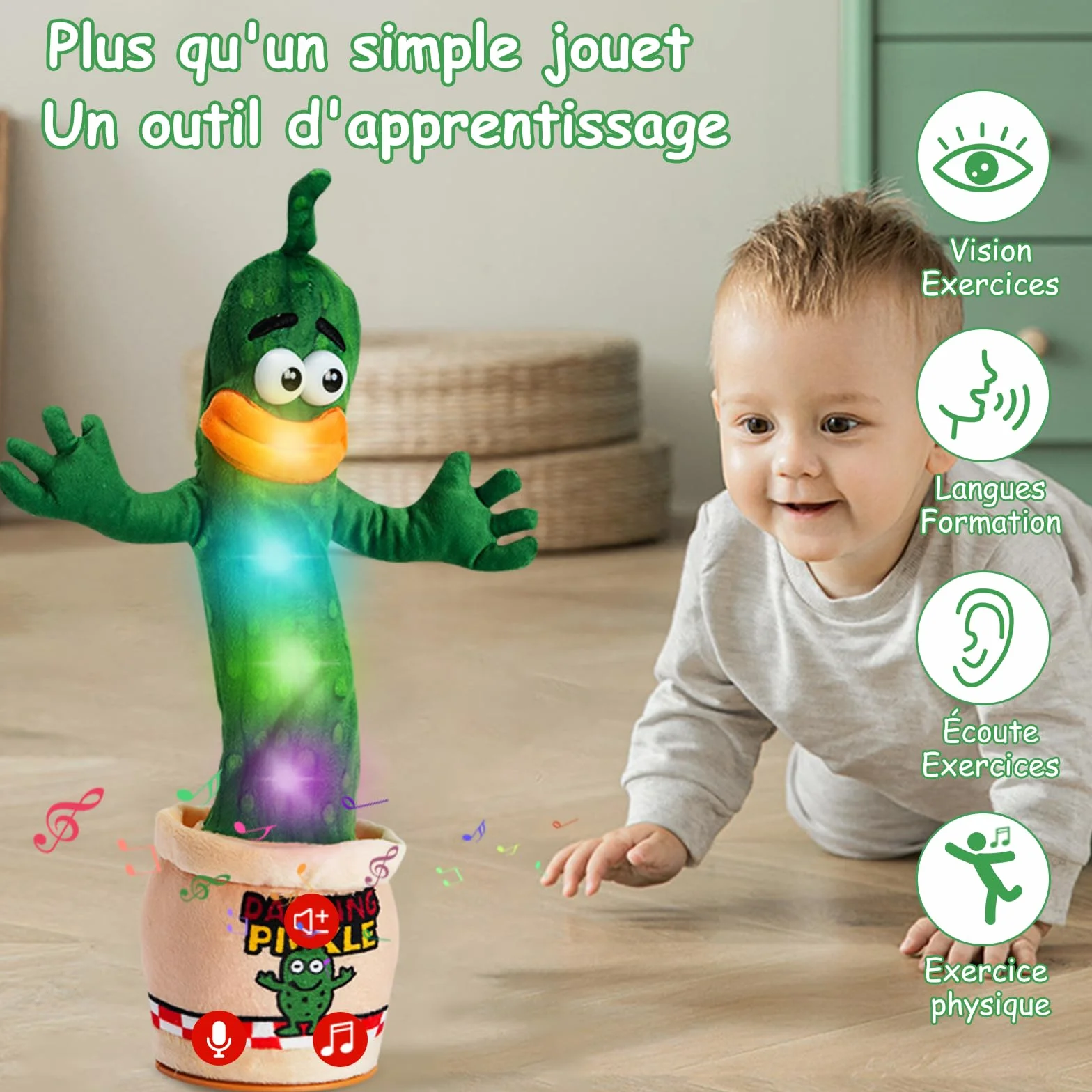 Cornichon interactif parlant dansant Jouet bébé 0-6 mois Cadeau garçons filles Chante imite enregistre répète 120 chansons Volume réglable