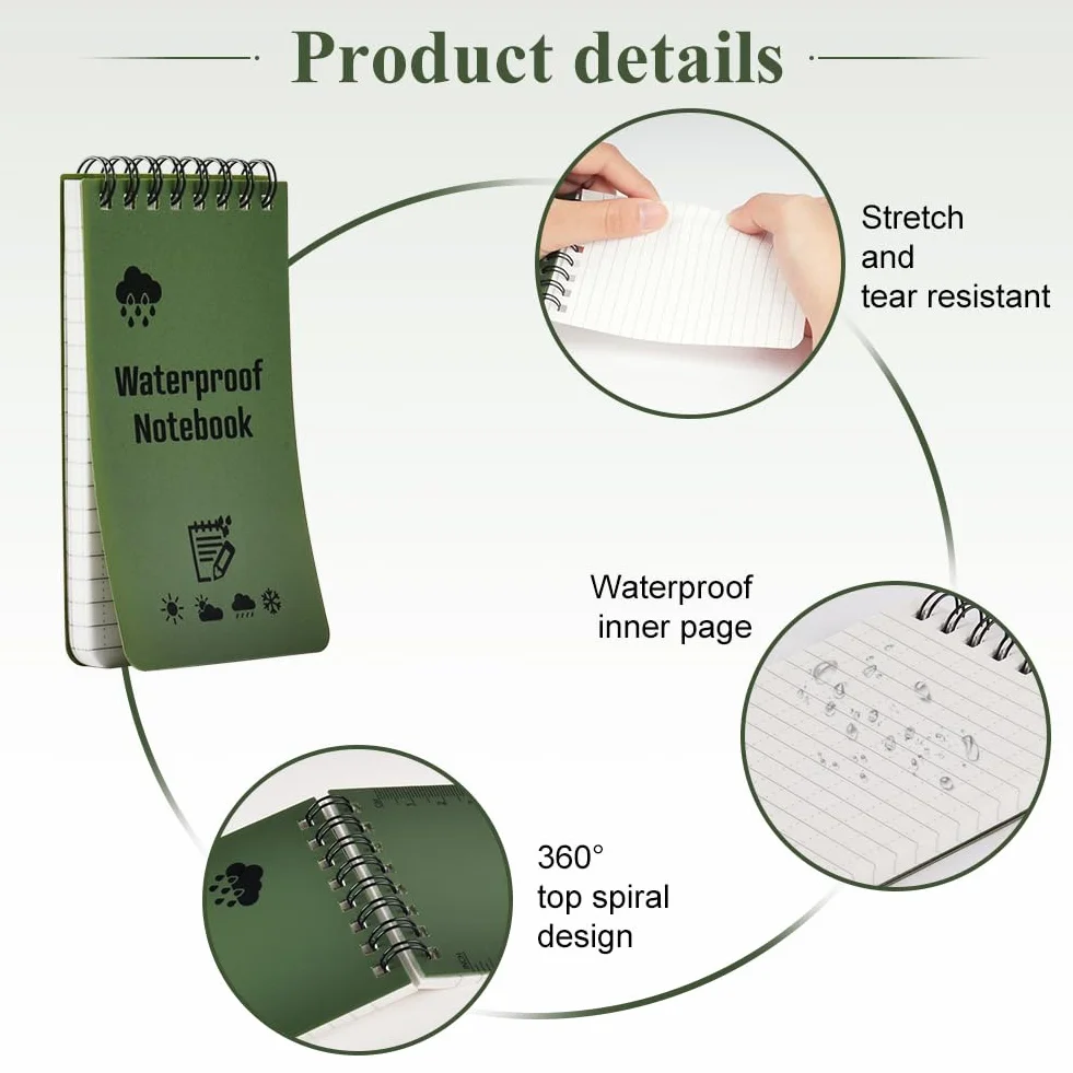Carnets Étanches 5 Pièces 3 x 5 Pouces Bloc Note Spirale Mini Imperméables avec Stylo