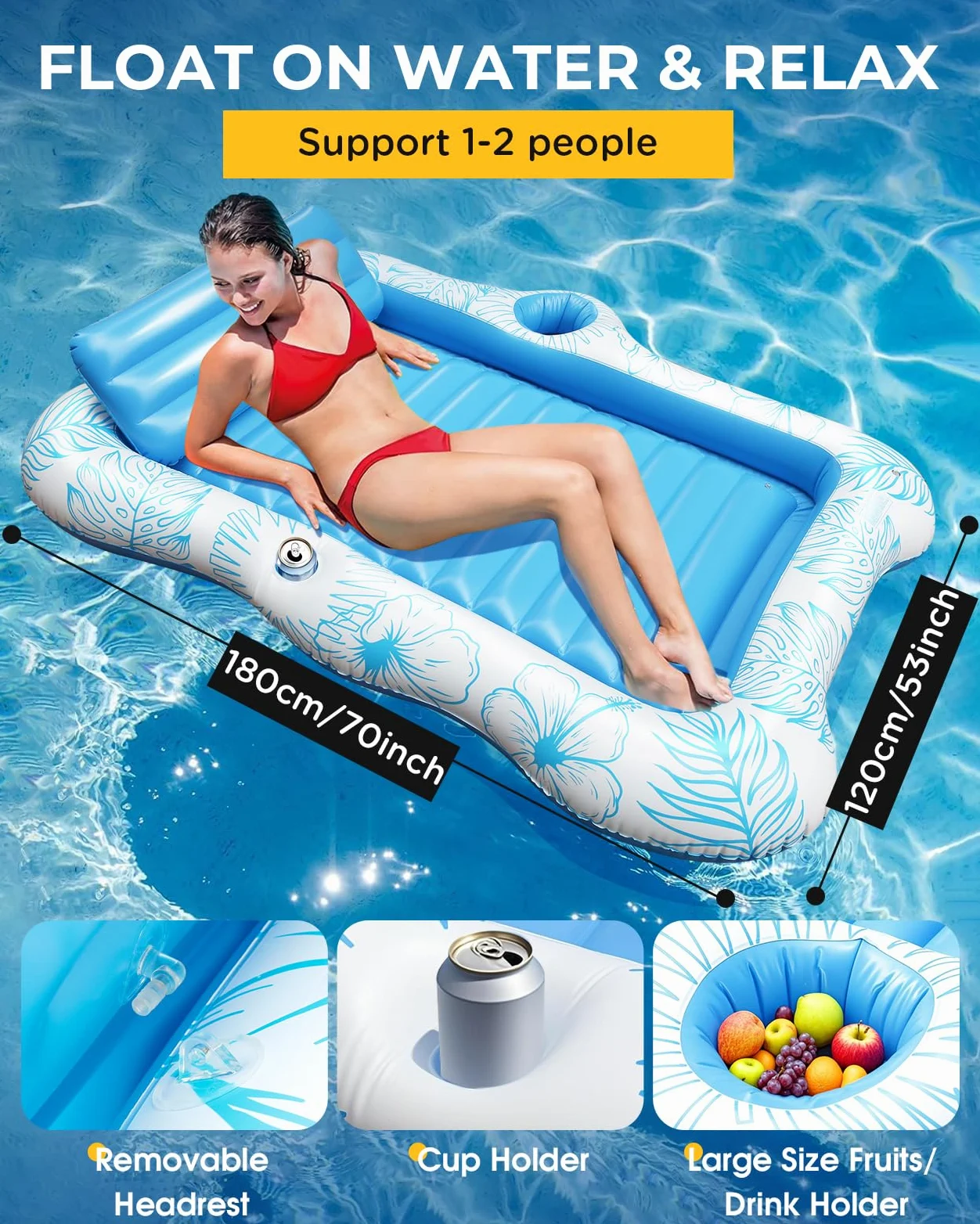 Matelas Gonflable Piscine Adulte, 180x120cm Tanning Pool Piscine de Bronzage avec Double Porte-Gobelets et Tête-Intégrée, Pour Bain de Soleil, Plage, Jardin, Fête, Été, Matelas de Bronzage Confortable
