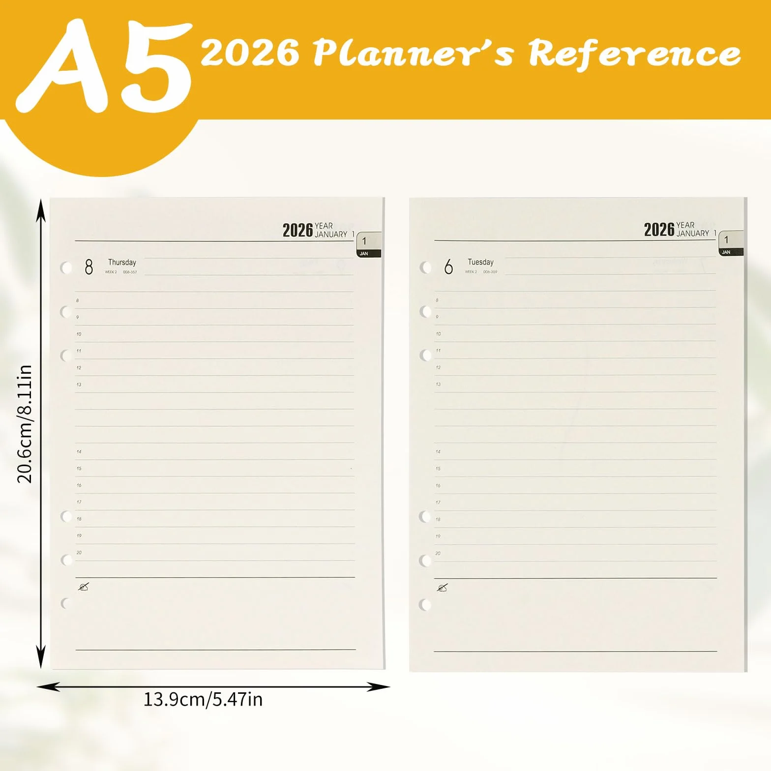 Agenda Semainier 2026 A5 6 Trous Recharge 176 Feuilles Organiseur Janvier à Décembre 2026 Papier 139 x 206 mm