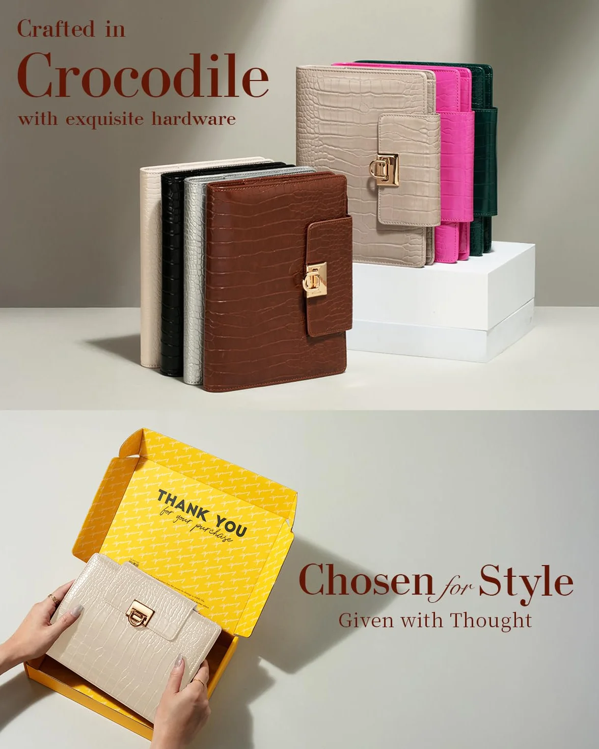 Planificateur en cuir non daté A5 texture crocodile 14,7 x 21 cm classeur rechargeable 6 anneaux 80 feuilles séparateurs