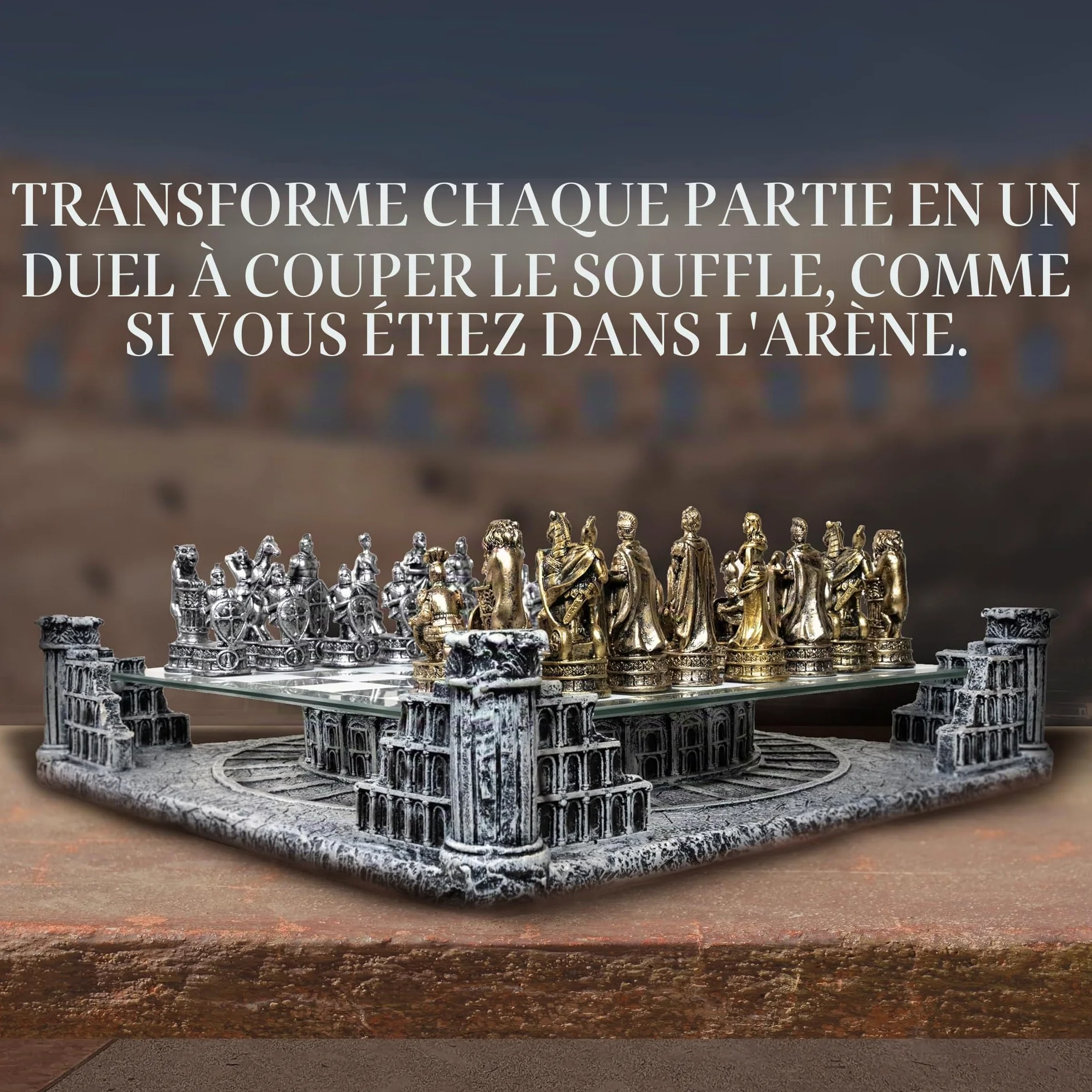 Échiquier Professionnel Rome Antique 40x40 cm avec Base Céramique | Plateau en Verre et Pièces d'Échecs en Résine Or et Argent - Jeu de Société Colisée et Empire Romain - Idée Cadeau