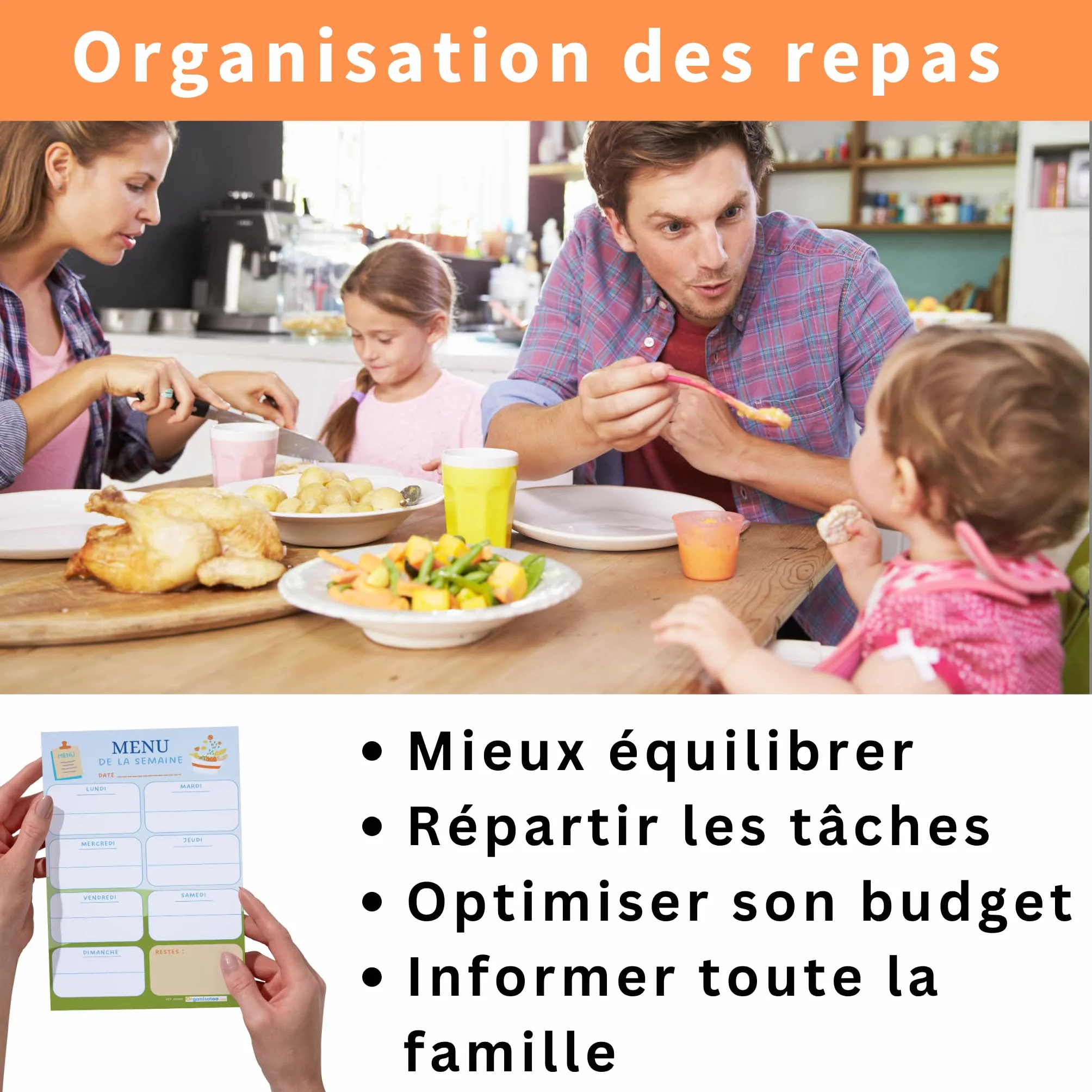 Bloc menu de la semaine - planificateur des repas hebdomadaire A5 - organisation quotidien 50 pages
