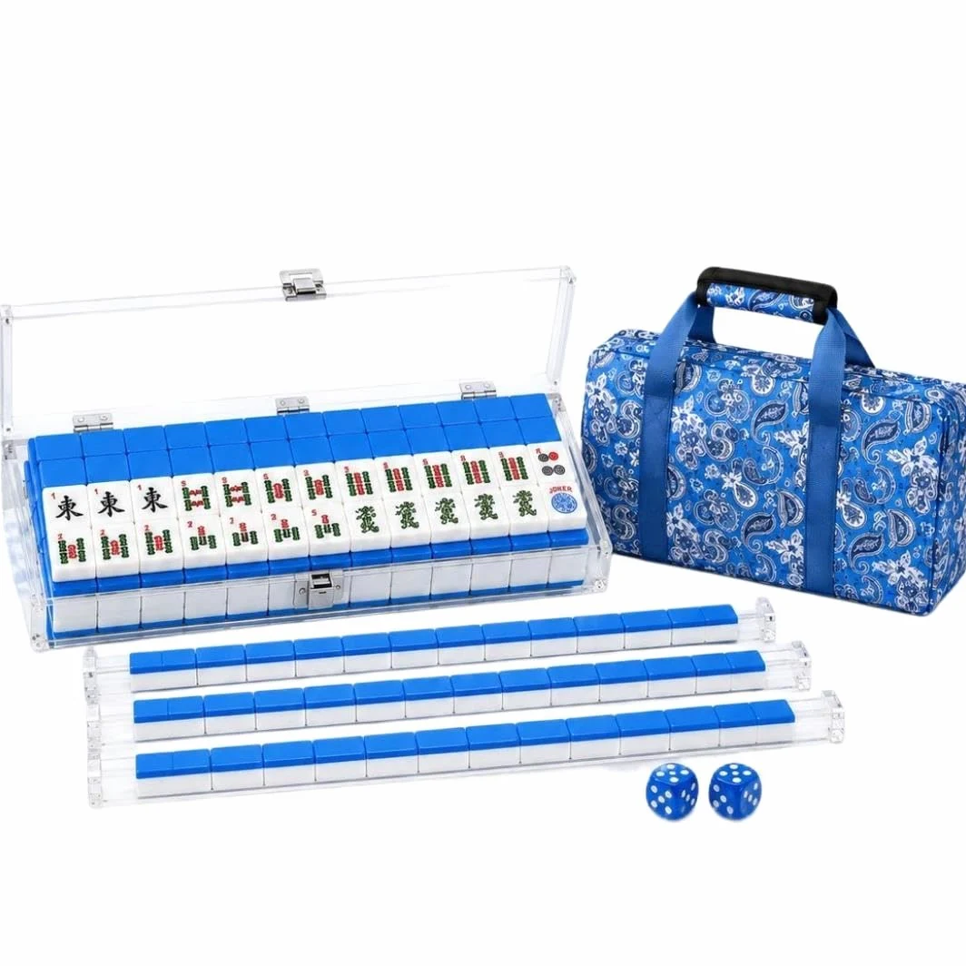 Ensemble Mahjong américain 166 pièces avec Accessoires complets | Ensemble mahjong américain 166 tuiles mélaminées, supports acryliques, étui, sac ; tapis optionnel pour jeux familiaux