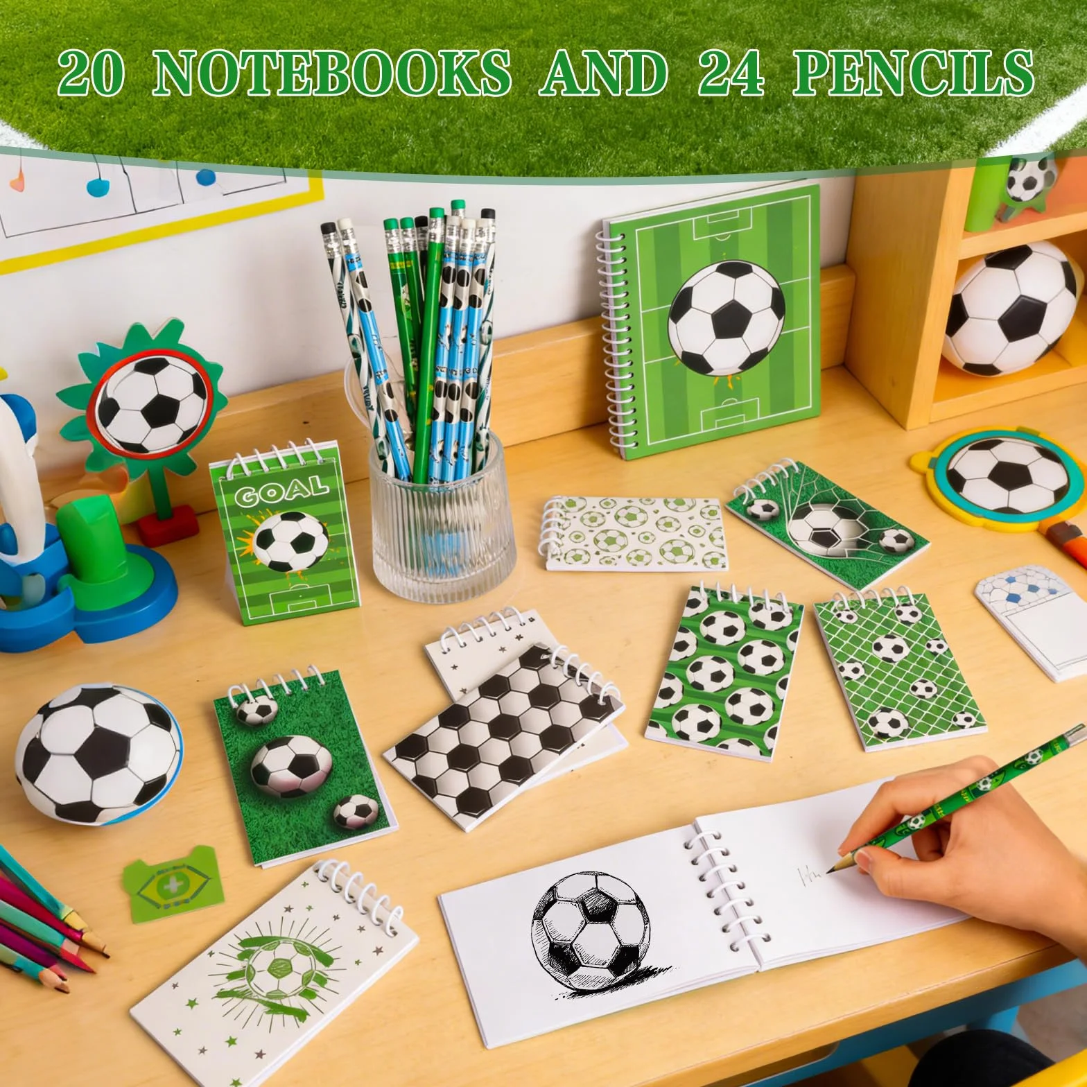 Carnet de notes football 20 pièces 24 crayons pour anniversaire fête classe fournitures bureau