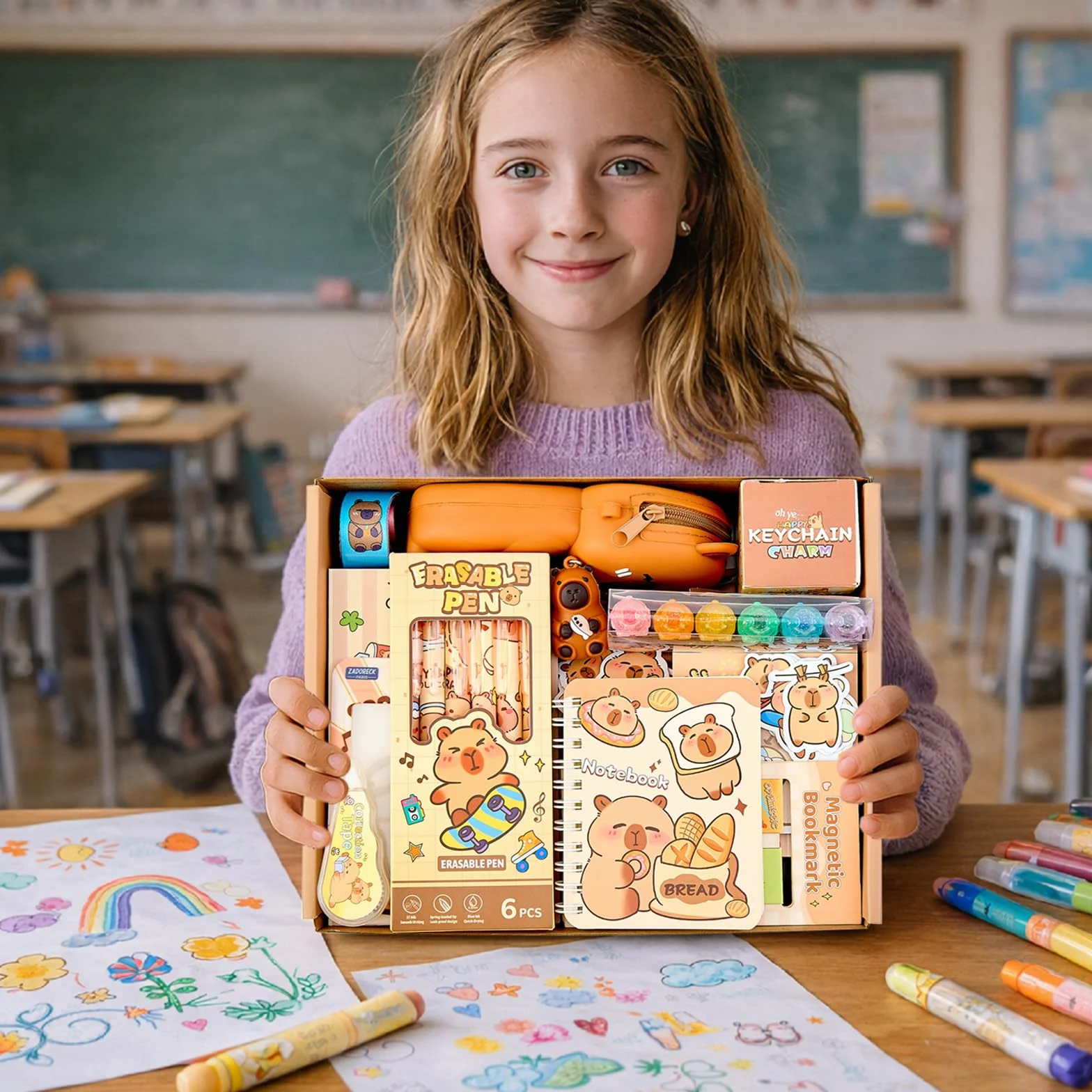 Capybara Ensemble Complet Fournitures Scolaires 30 Pièces Trousse Cadeau Fille Garçon 4-15 Ans