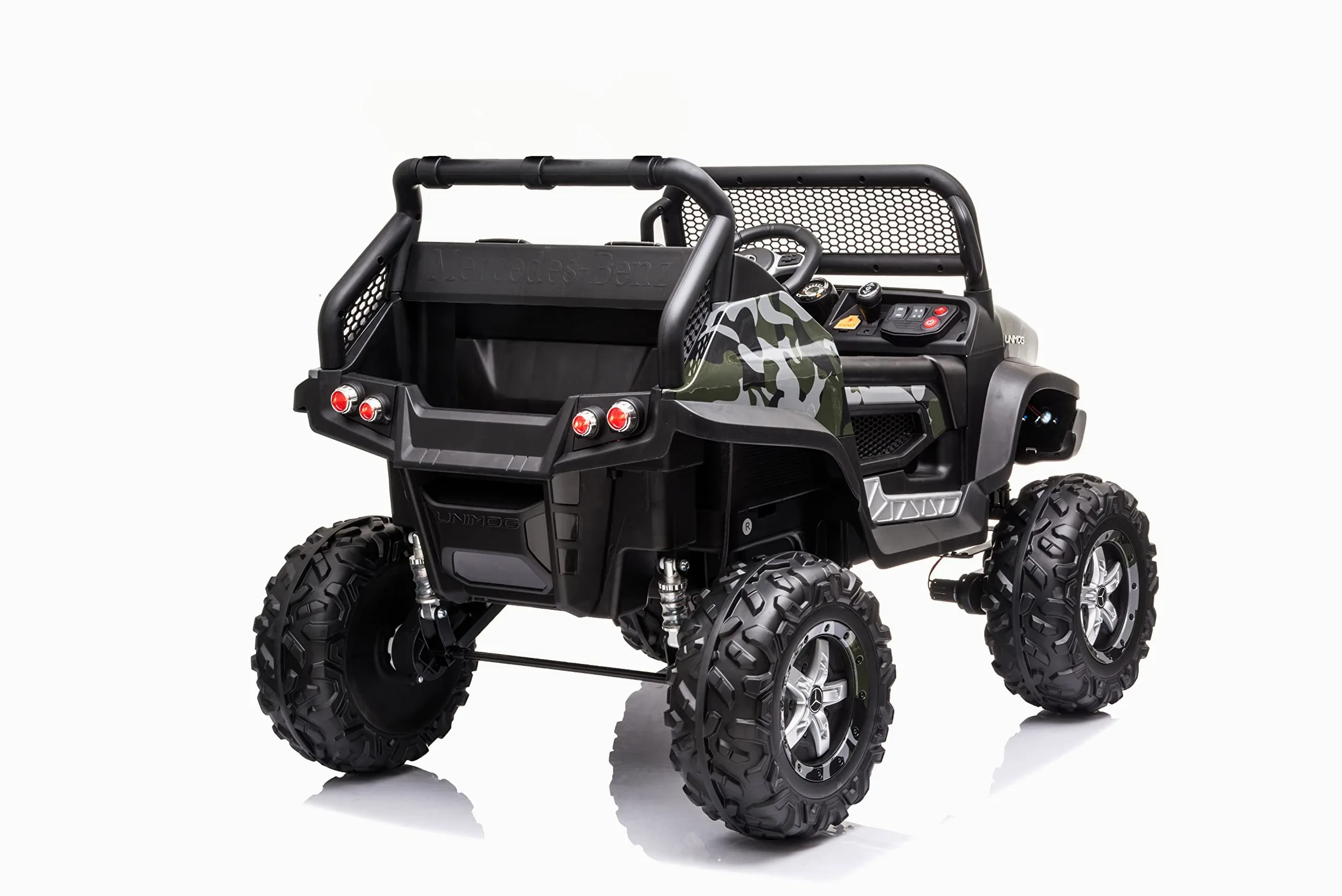 FINOOS Buggy 4x4 Voiture électrique Enfant Mercedes Unimog 12V, avec télécommande 2.4Ghz, Siège en Cuir et Roues en Gomme (EVA) 4 x Moteur 12V 45W, Batterie: 12V10Ah, 1-5 Ans (Camouflage)