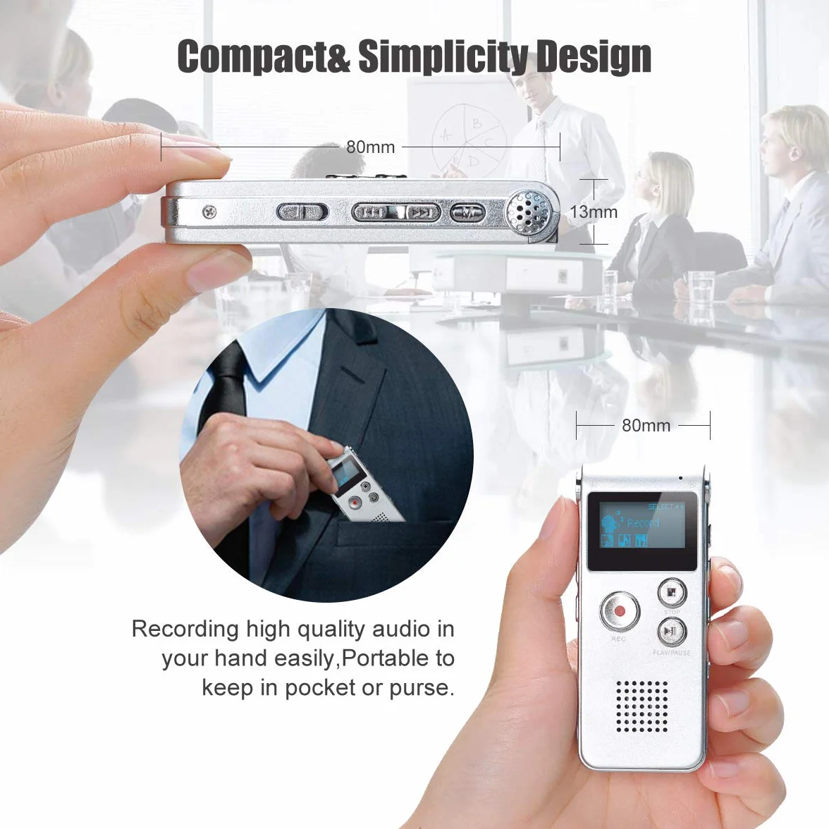 Dictaphone Enregistreur Numérique Portable 8GB Enregistreur Audio Lecteur MP3 LCD Argent
