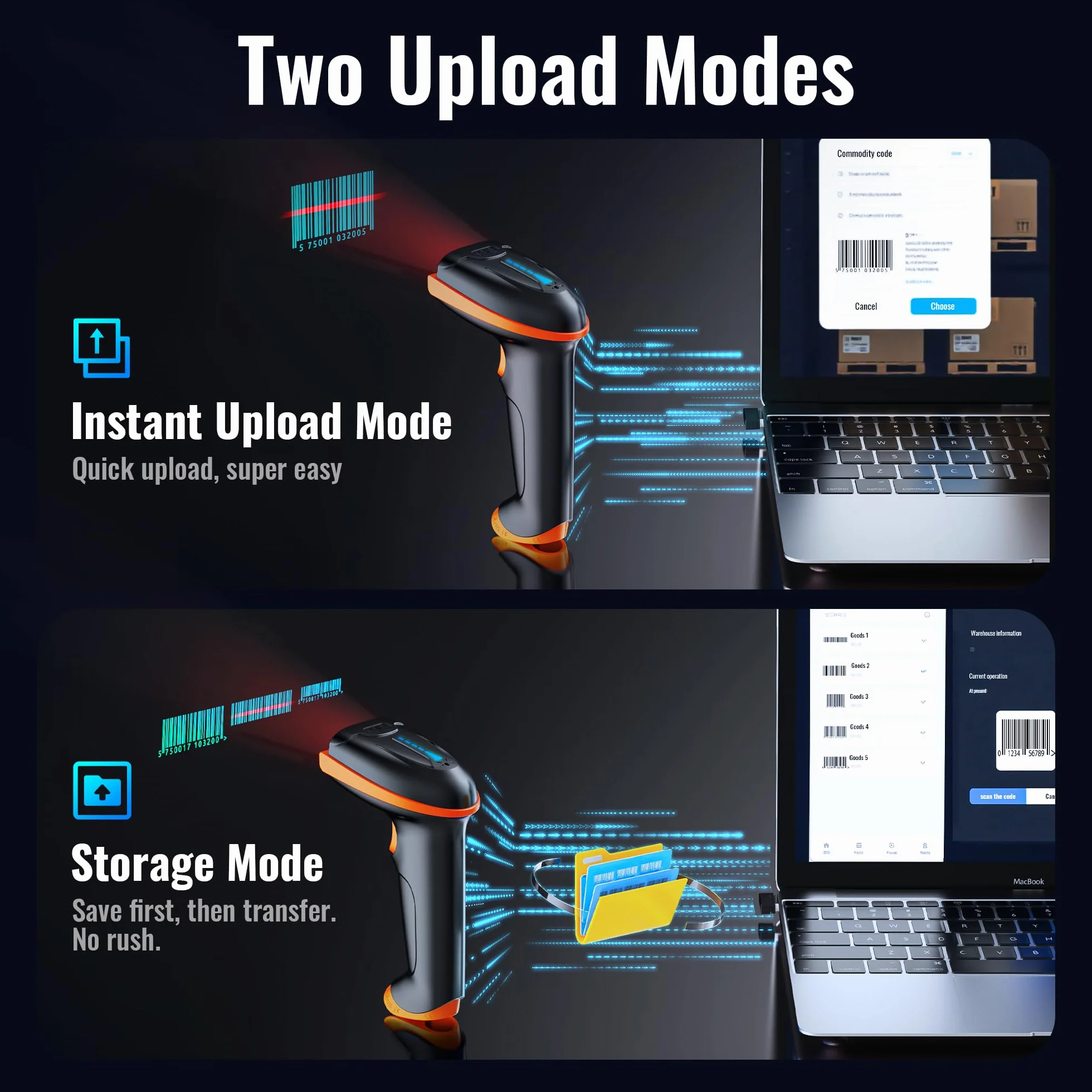 Tera Lecteur de Codes-Barres sans Fil 2,4 GHz Filaire USB 2.0 Douchette 1D Rechargeable Modèle 5100