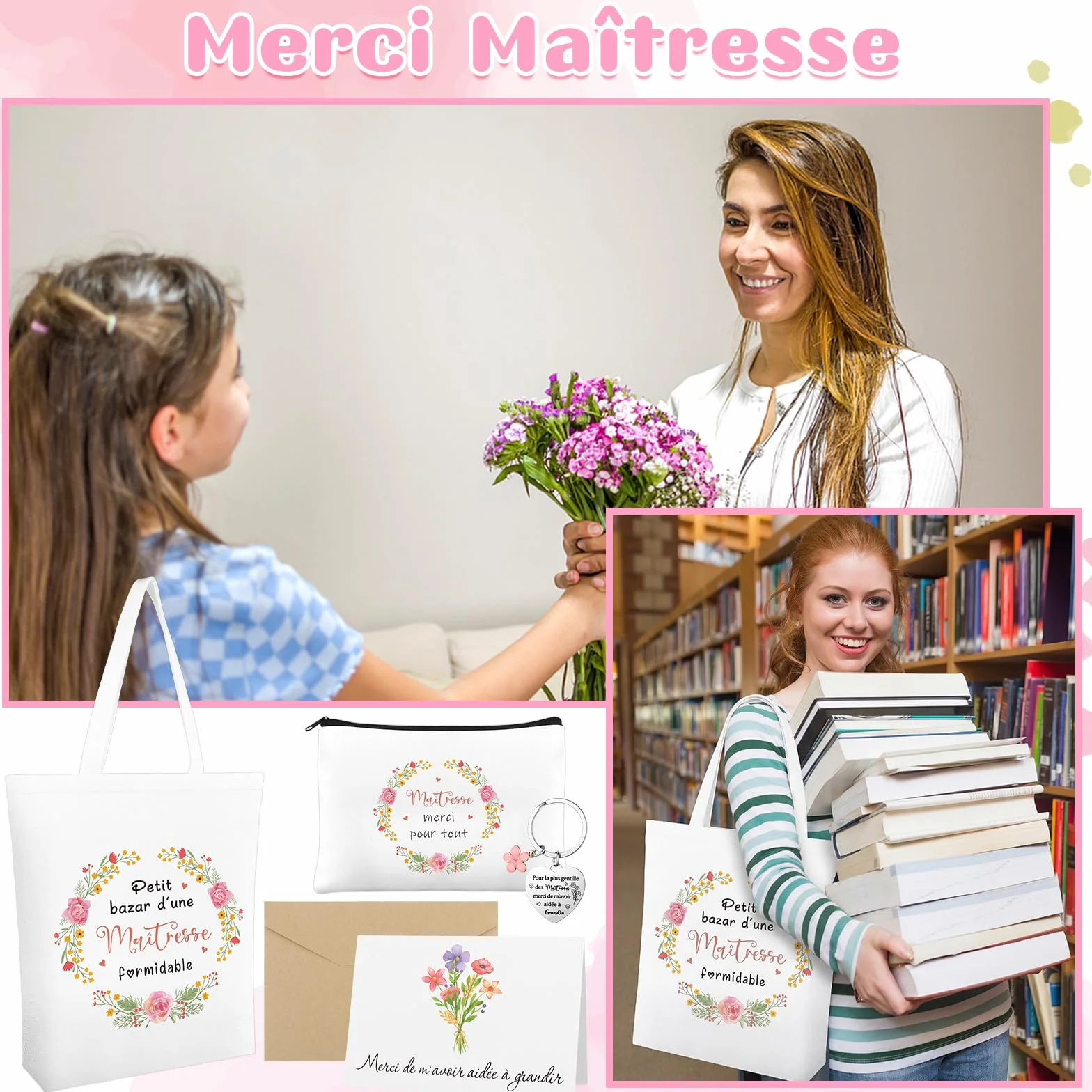 Sac en Coton Trousse de Toilette Porte-clés Carte de Vœux Set 4 Pièces Cadeau pour Maitresse Institutrice ATSEM AESH Fin d'Année