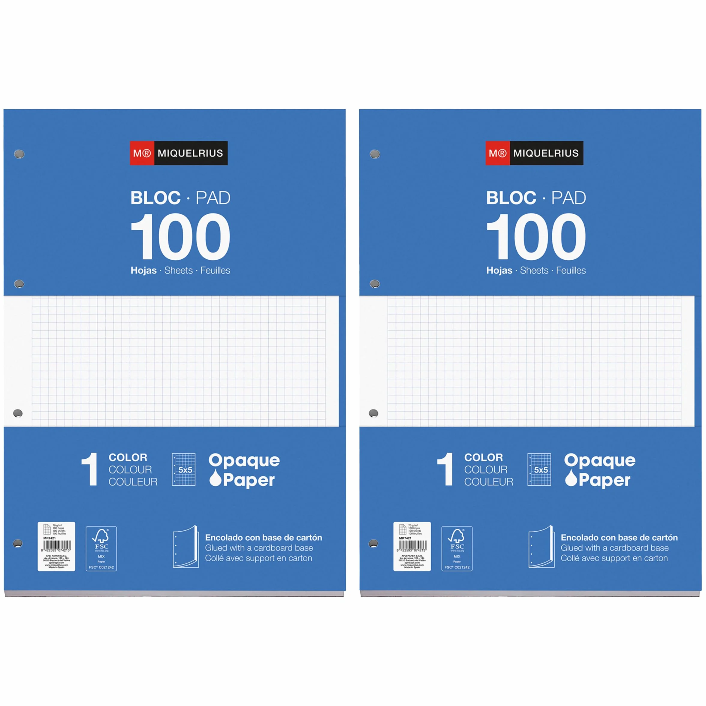 Miquelrius Recharges feuilles quadrillées A4 200 feuilles quadrillage 5 mm perforées classeur 4 anneaux bleu