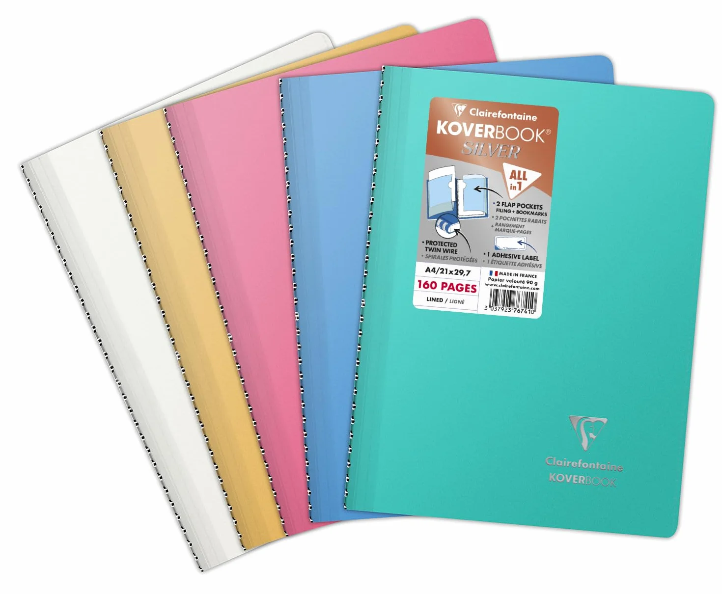 Clairefontaine Koverbook Silver Cahier à Spirale A4 21x29,7 cm 160 Pages Lignées Papier 90 g Couverture Polypro Opaque