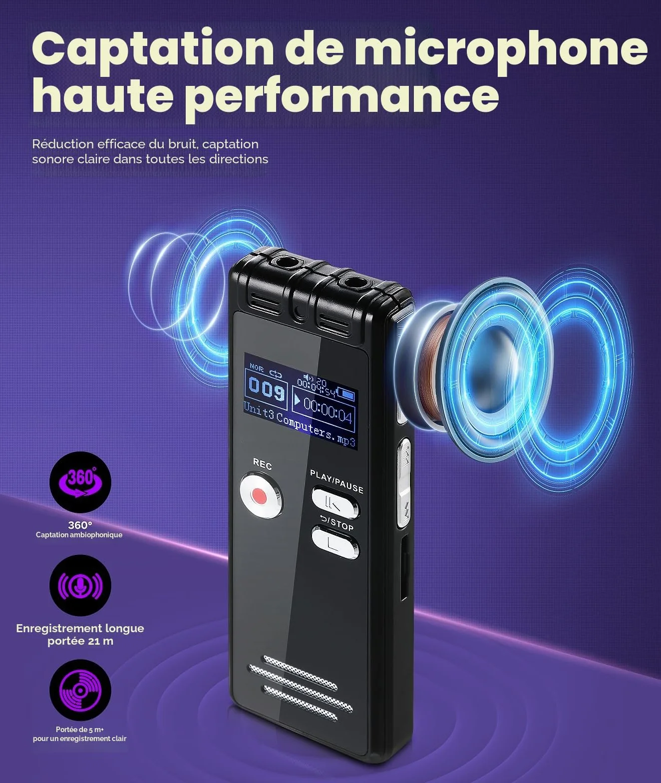 Enregistreur Vocal 64 Go 1536 Kbps avec Réduction du Bruit pour Interviews Classes Réunions