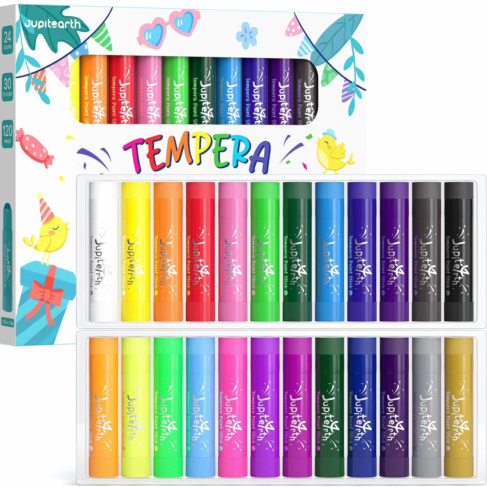JUPITEARTH Bâtons de peinture à tempera 24 couleurs avec 120 pages coloriage PDF et 30 autocollants, peinture séchage rapide non toxique lavable pour enfants