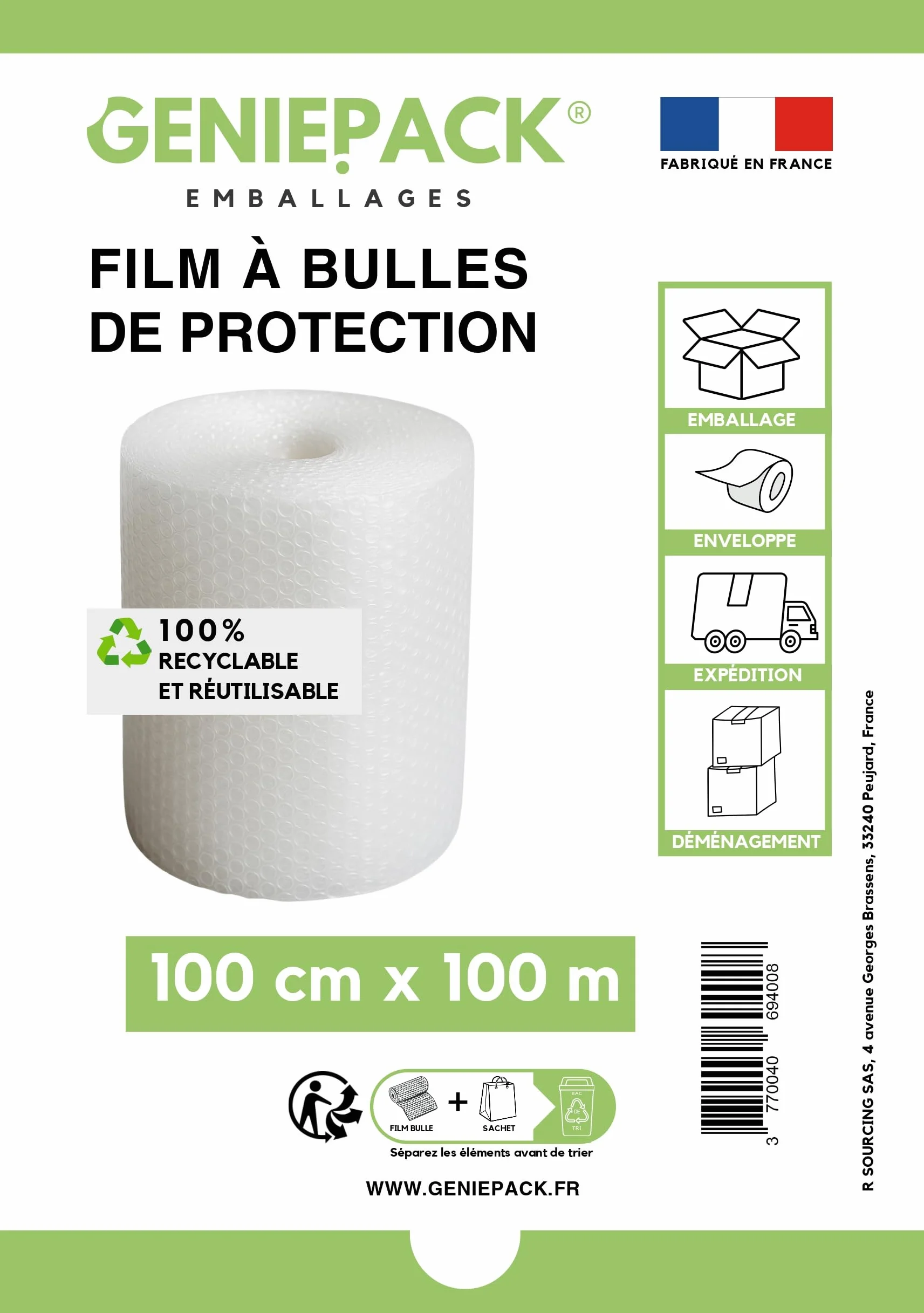 Film À Bulles Professionnel 100 cm x 100 m 60 Microns Bulles 10mm Protection Emballage Colis Déménagement
