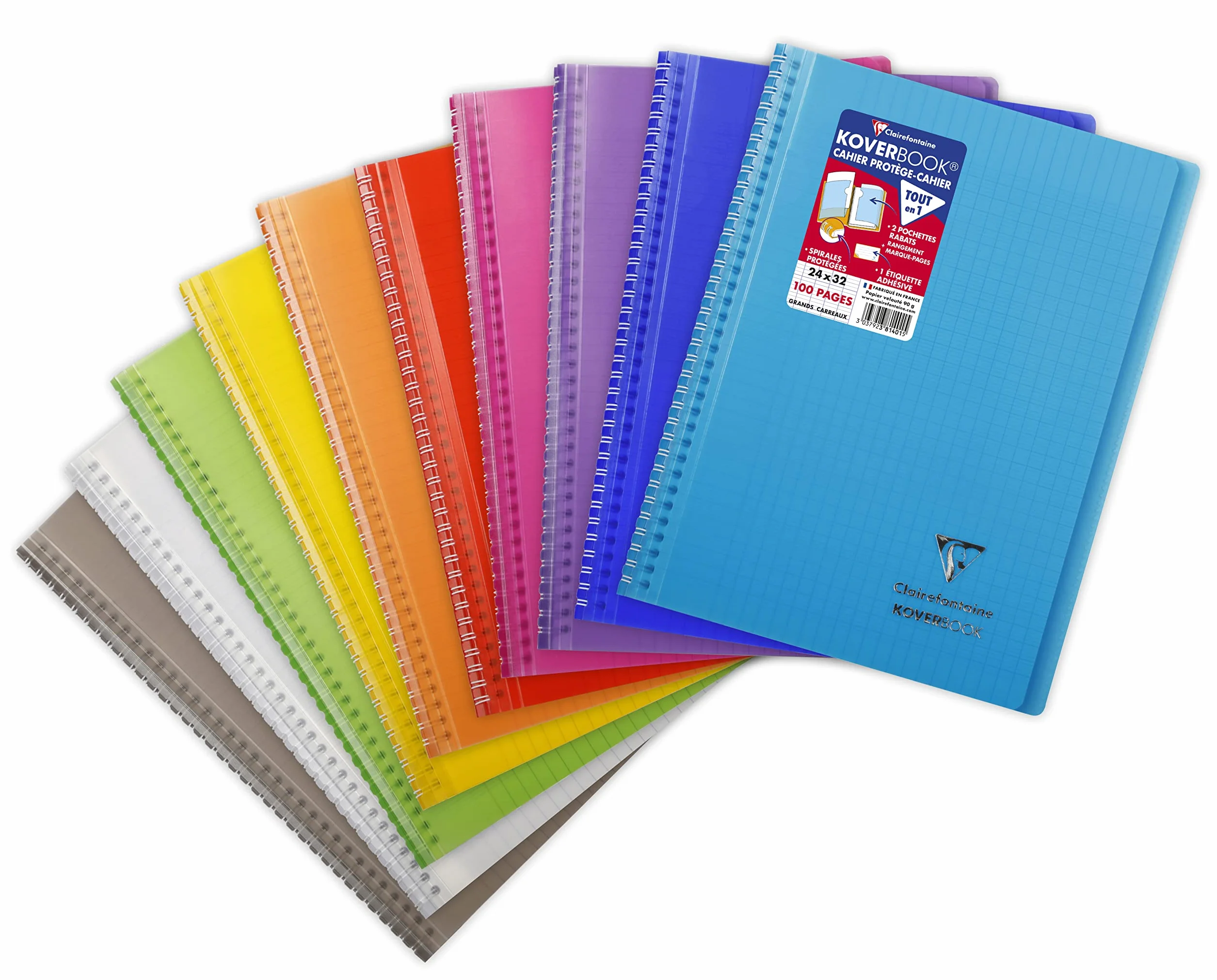 Clairefontaine Koverbook Cahier à Spirale 24x32 cm 100 Pages Grands Carreaux Papier Blanc 90 g