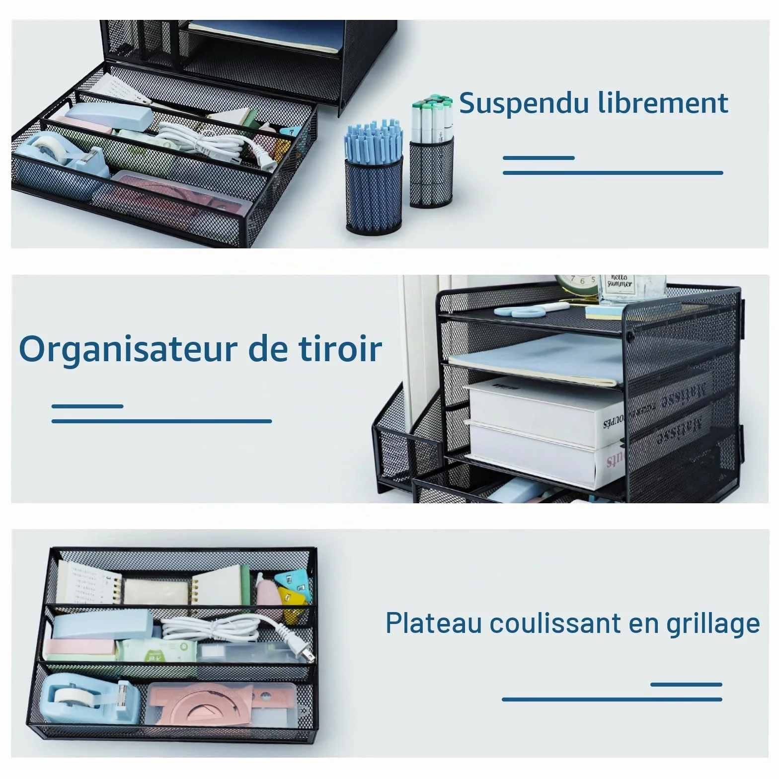 Organisateur de bureau noir avec porte-documents, porte-stylos et bac à lettres 5 niveaux