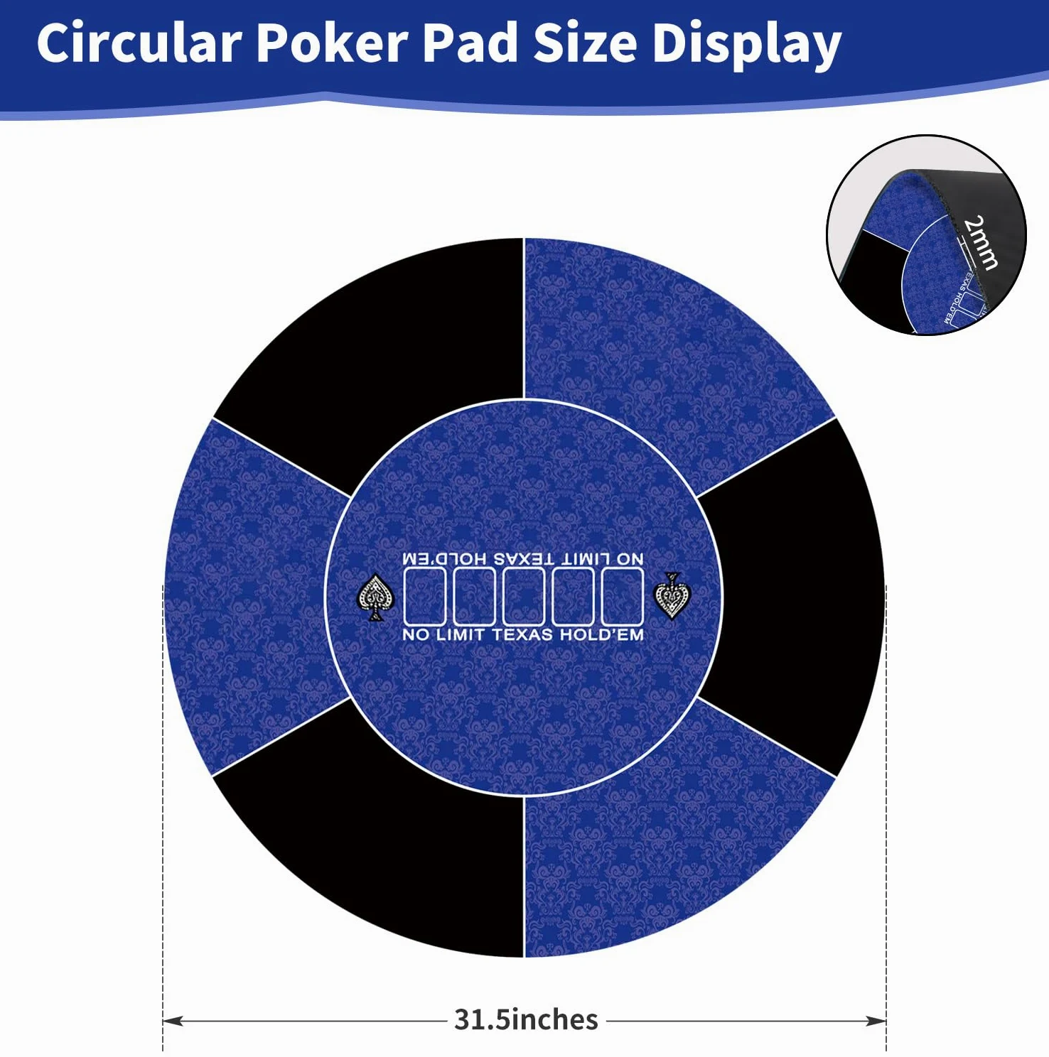 Tapis de poker rond en caoutchouc pour 6 à 10 personnes, dessus de table pliable, table de poker portable, adapté pour les jeux de poker, blackjack, casino (bleu 80 x 80 cm)