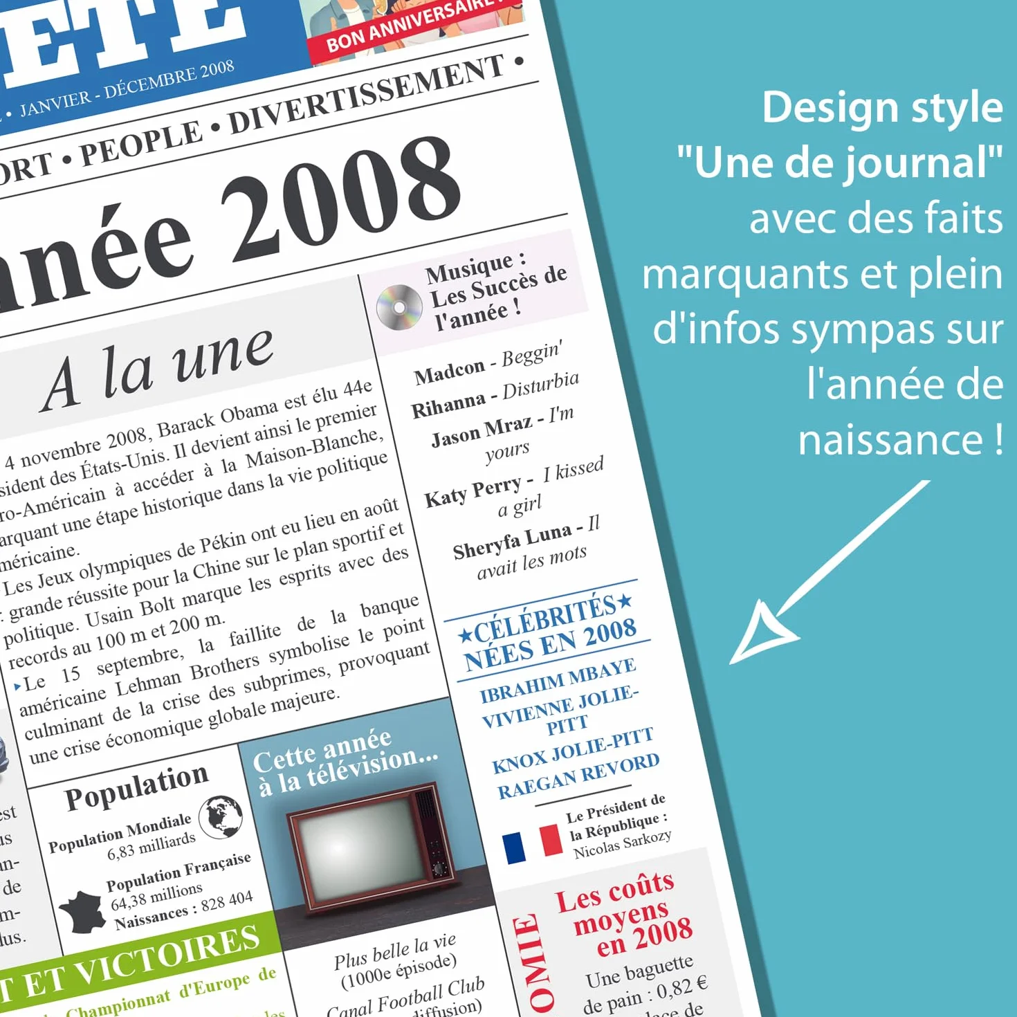 Carte Anniversaire 18 Ans Design Original Journal Année 2008 Format A5 Avec Enveloppe