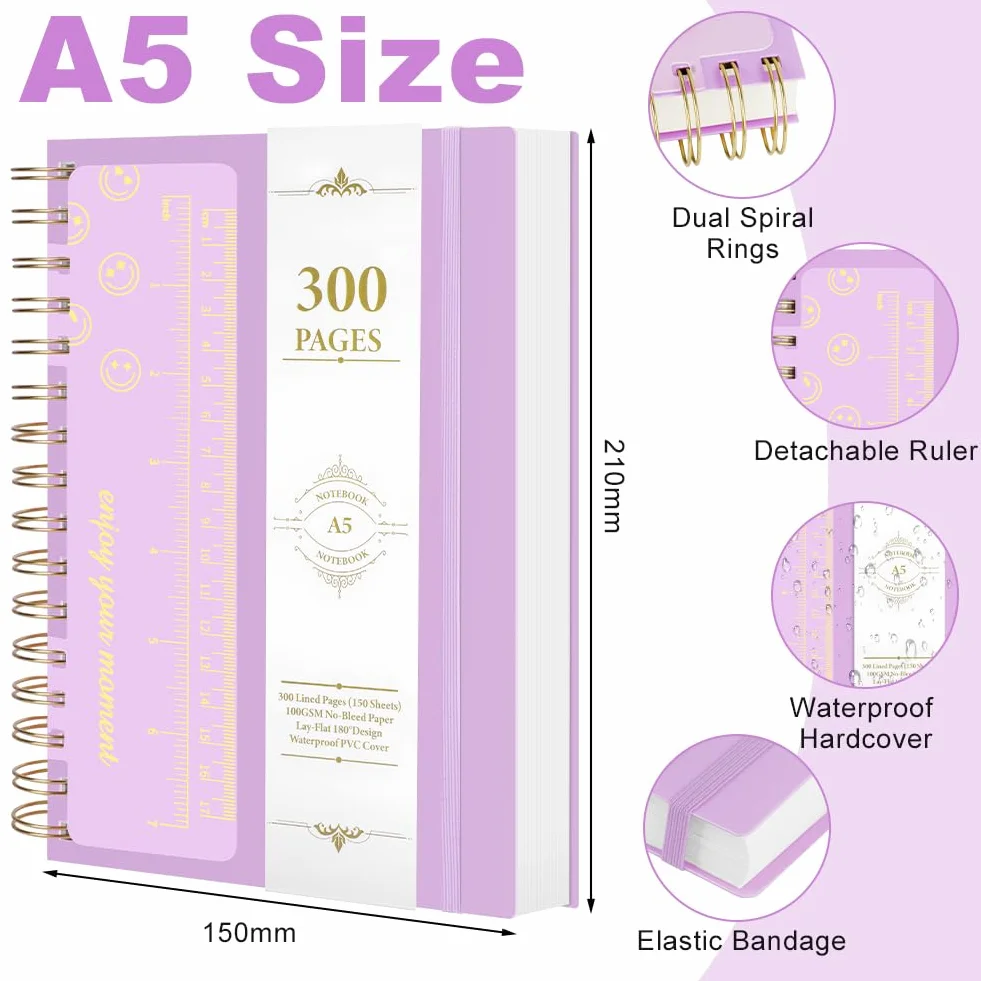 Carnet A5 Ligné 300 Pages Spirale Papier 100g/m² Couverture Rigide PVC