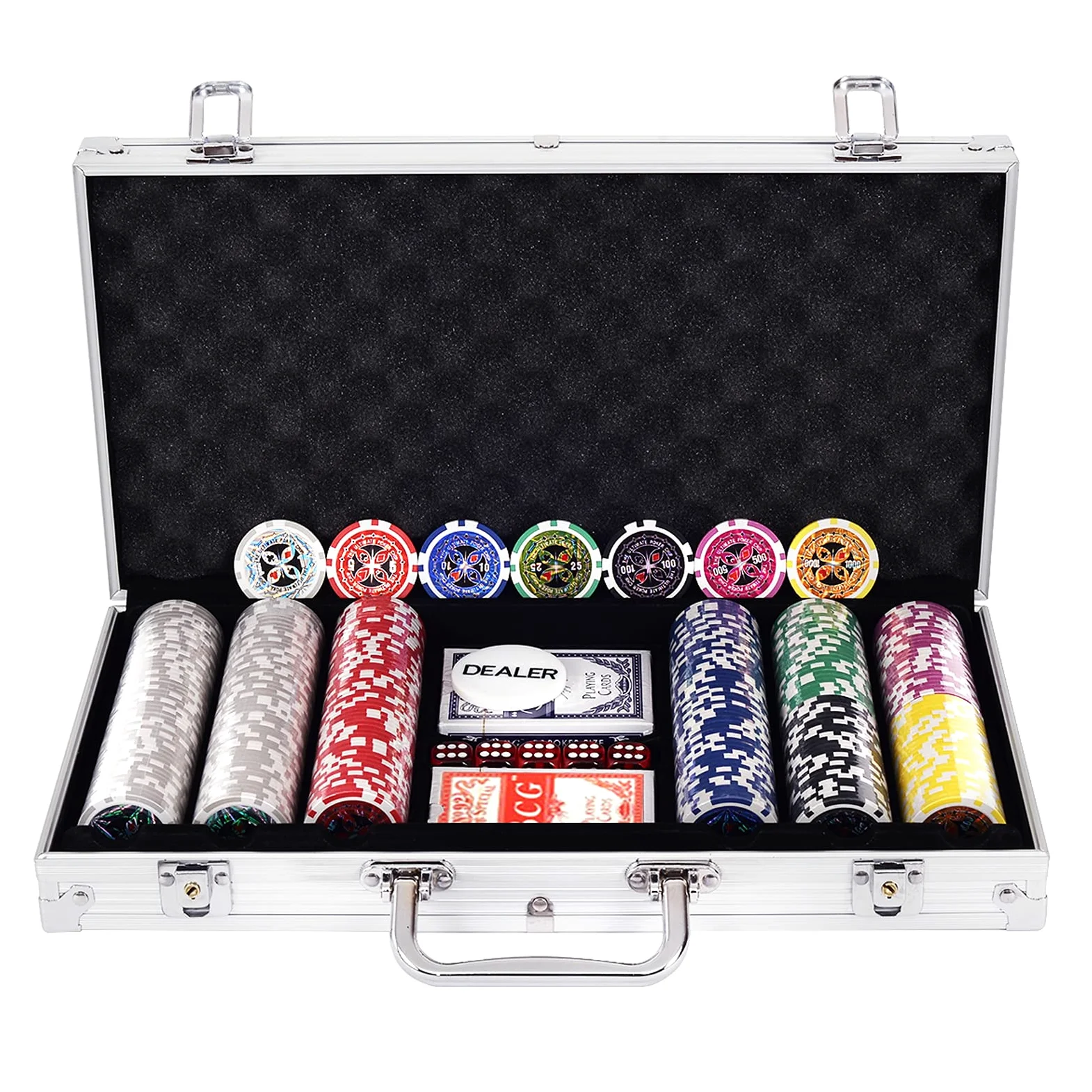 RELAX4LIFE Mallette de Poker 300 Jetons avec Adhésifs Brillants à Laser, Poids Jeton 11,5g, Jeu Complet avec 2 Jeux de Cartes, 1 Boutons Dealer, 5 Dés Rouges, Mallette Noir/Argenté (Argent)