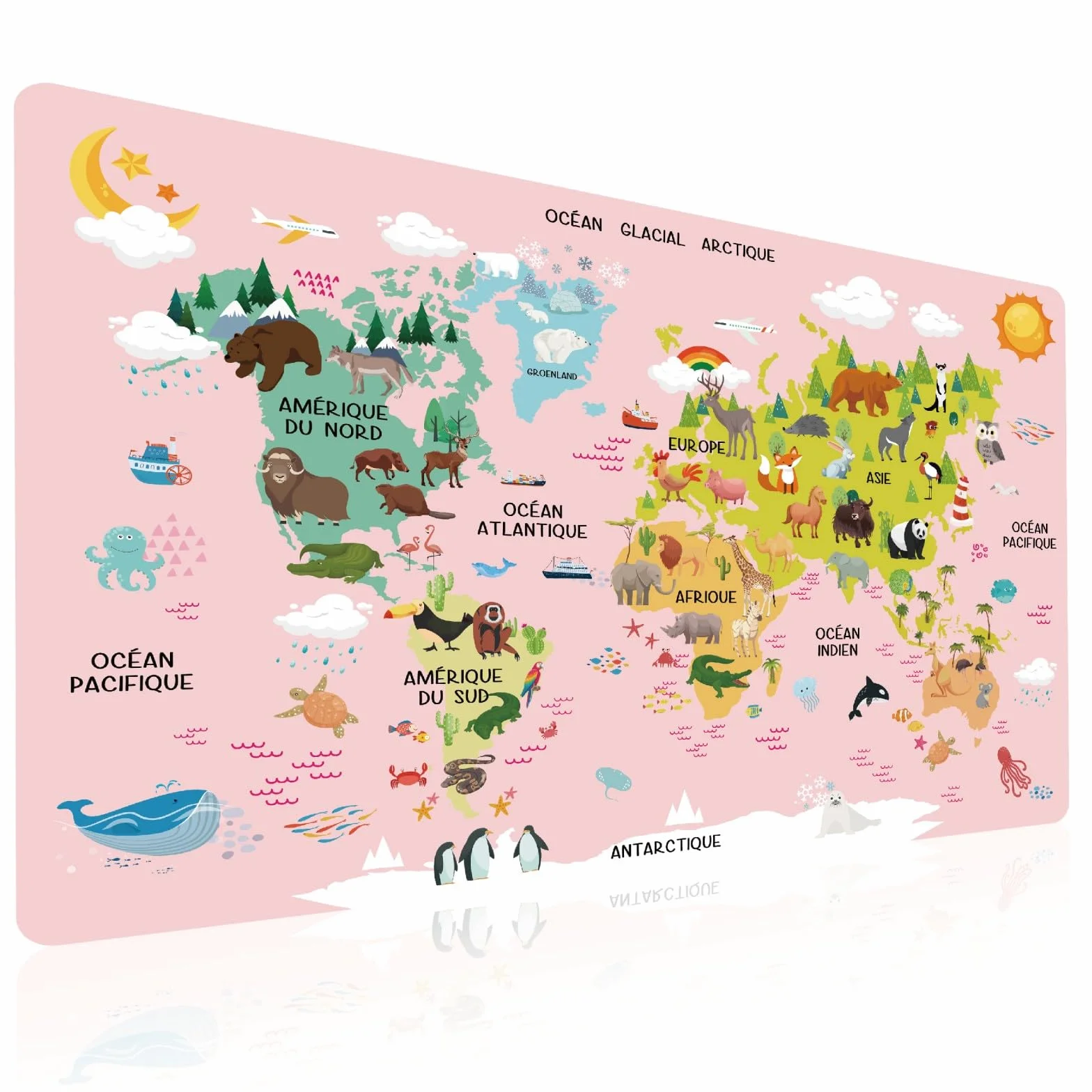 Carte du Monde Animaux Rose Français Sous-main Enfant 40x60cm Tapis Bureau Imperméable Cuir PU Double Face Effaçable