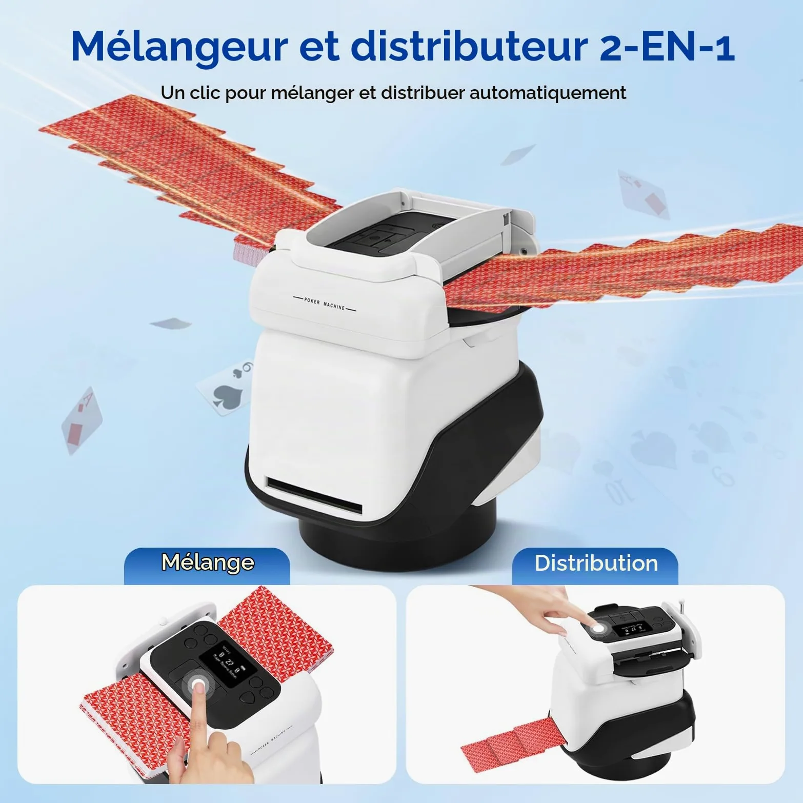 Mélangeur et Distributeur de Cartes Automatique 2-en-1 | Électrique | 4 Jeux & Jusqu'à 8 Joueurs | Réglable pour Texas Hold'em, Blackjack, Jeux de Société | Batterie 5200mAh | USB-C