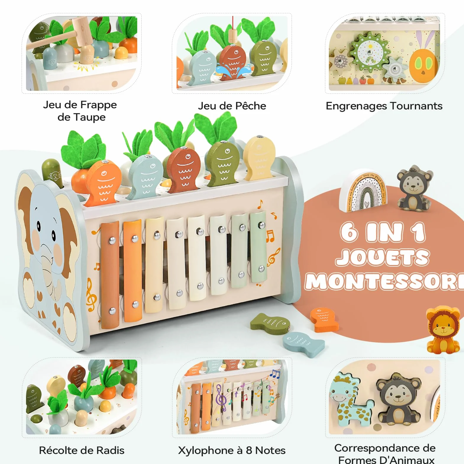 Jouet Montessori 1 an 6 en 1 Bois Bebe avec Xylophone, Jeu de Taupe, Pêche, Engrenage, Cadeau Anniversaire Noël 1 2 3 Ans Garcon Fille