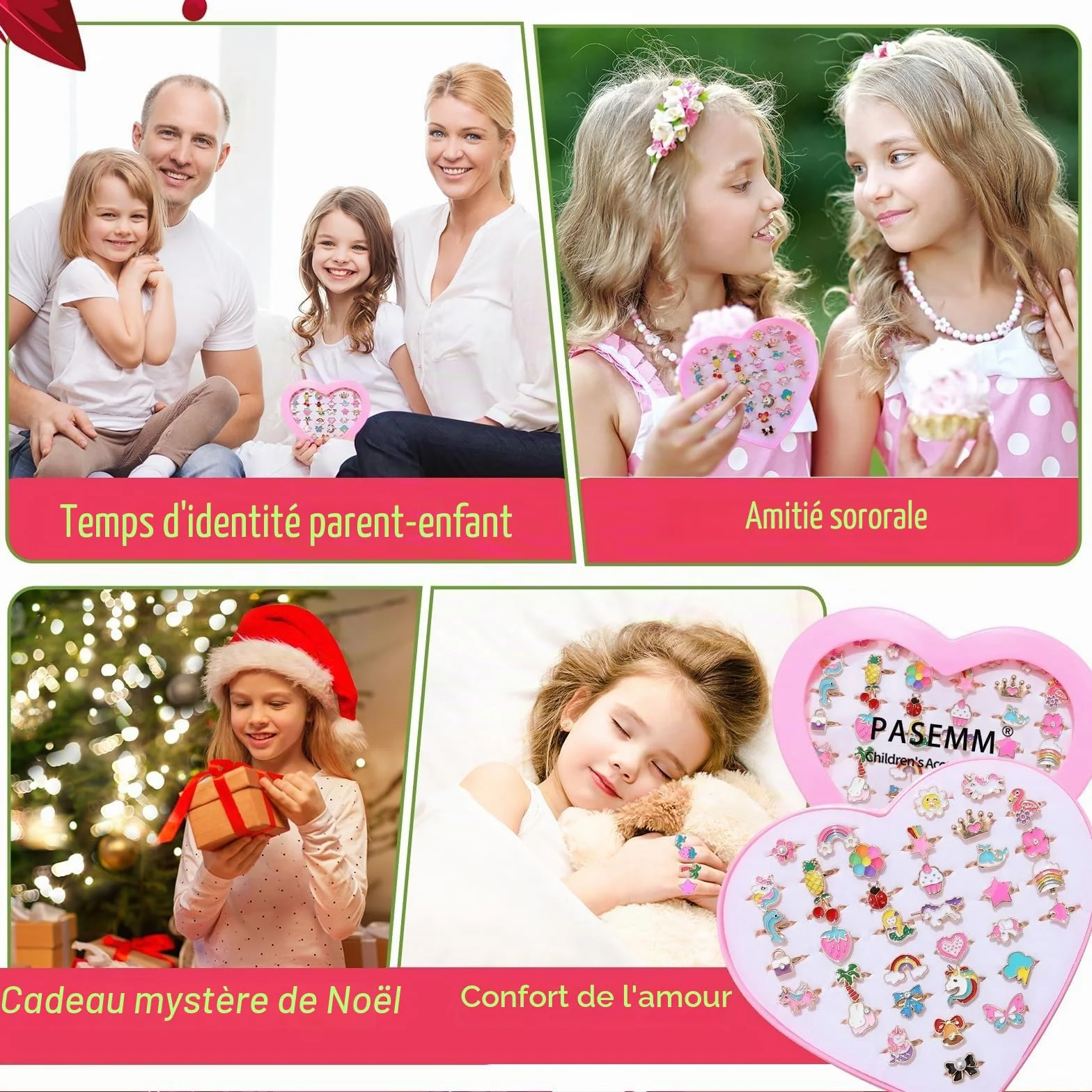 Bagues Enfant Fille Réglables en Métal Coloré, Dessin animé Motifs Aléatoires, Cadeau 4-12 Ans, Boîte Cœur Rose