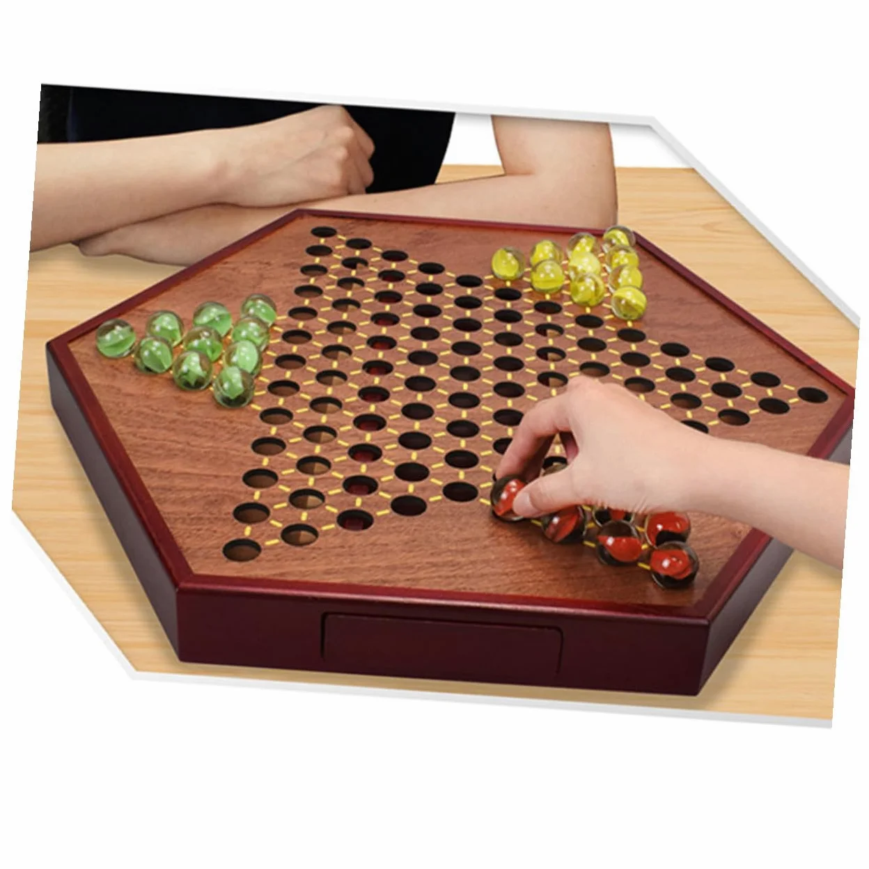 Hohopeti Jeu de Dames Chinois Bois avec Tiroir de Rangement Plateau Solide et Billes Verre Colorées Jeu de Stratégie Familial pour Garçon Fille et Adultes