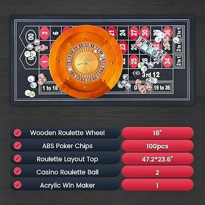 Ensemble de roues de roulette en bois avec nappe de roulette, jetons de poker, marqueur de victoire et deux balles pour s'amuser en famille et en fête
