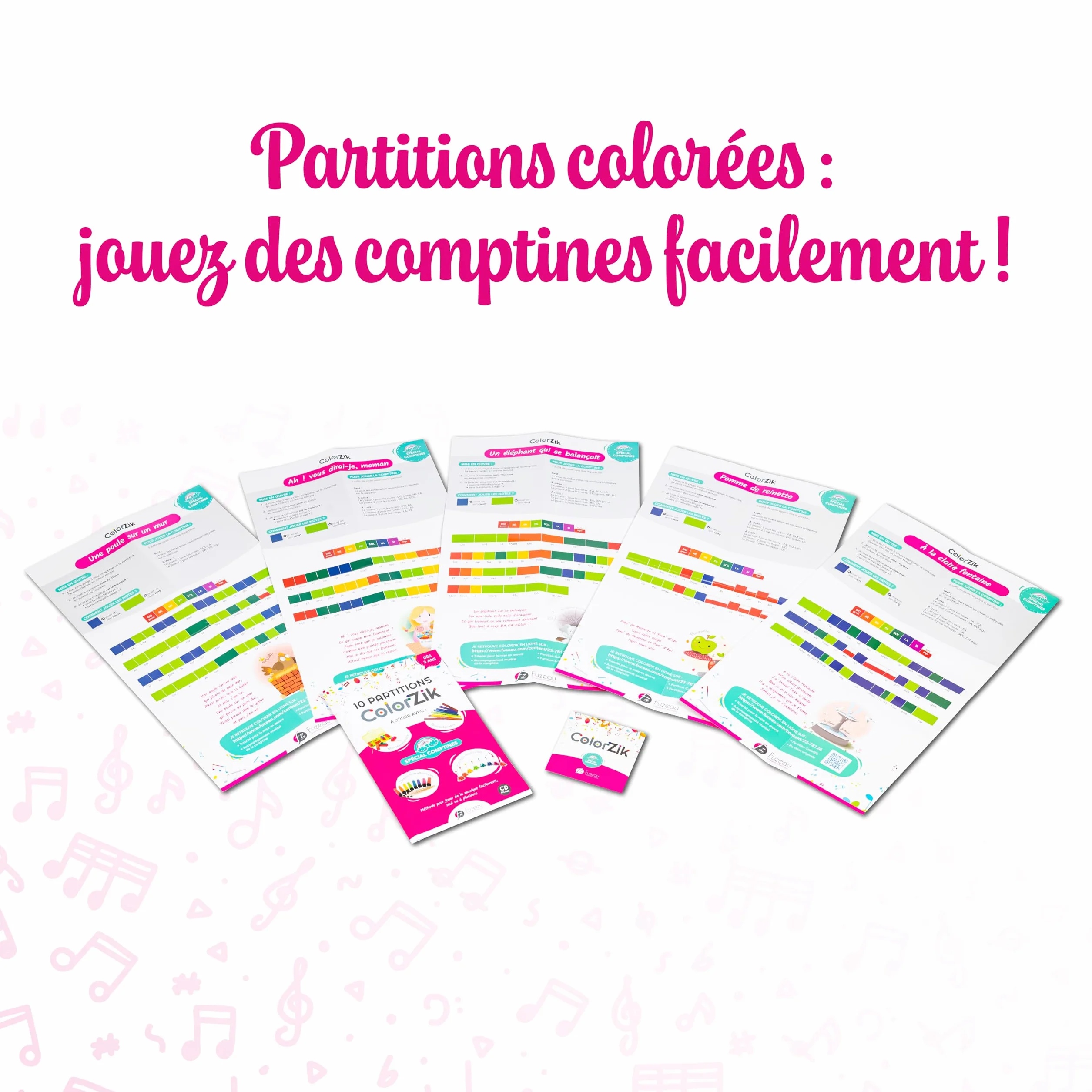 Fuzeau Livret Musical Pédagogique CD Audio Colorzik Comptines 10 Partitions Codées en Couleurs Paroles Incluses dès 3 Ans Méthode Intuitive