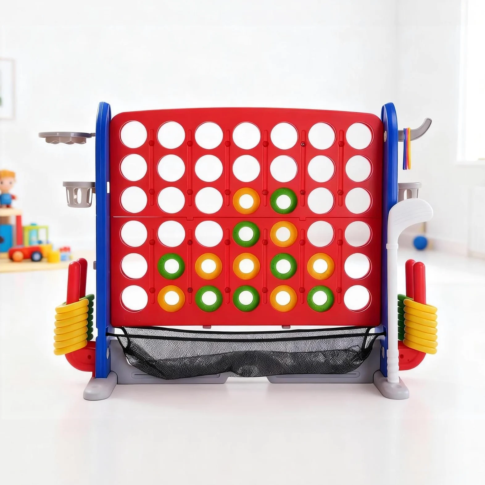 Jeux Puissance 4 Géant Réglable Hauteur avec 42 Anneaux Géants 1 Filet,Jeu de Stratégie avec Porte-Anneaux,Levier de Réinitialisation pour Enfants Adultes,Jeu d'Extérieur/Intérieur pour Enfants Et Fam