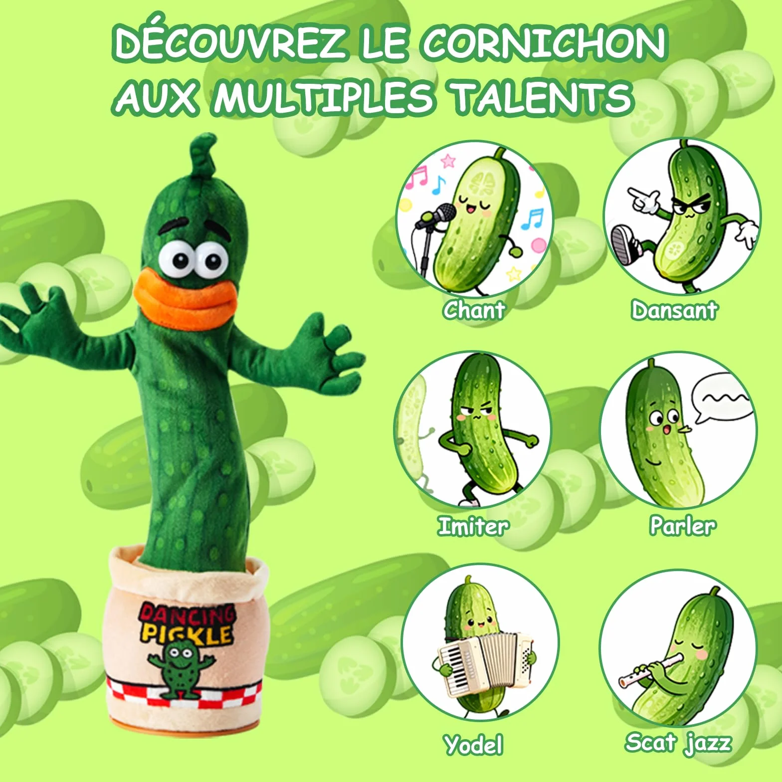 Cornichon interactif parlant dansant Jouet bébé 0-6 mois Cadeau garçons filles Chante imite enregistre répète 120 chansons Volume réglable