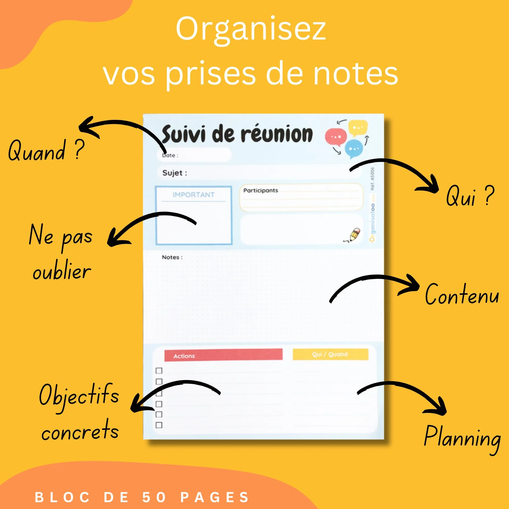 Bloc-notes suivi de réunion A5 50 pages détachables pour équipe managers entrepreneurs