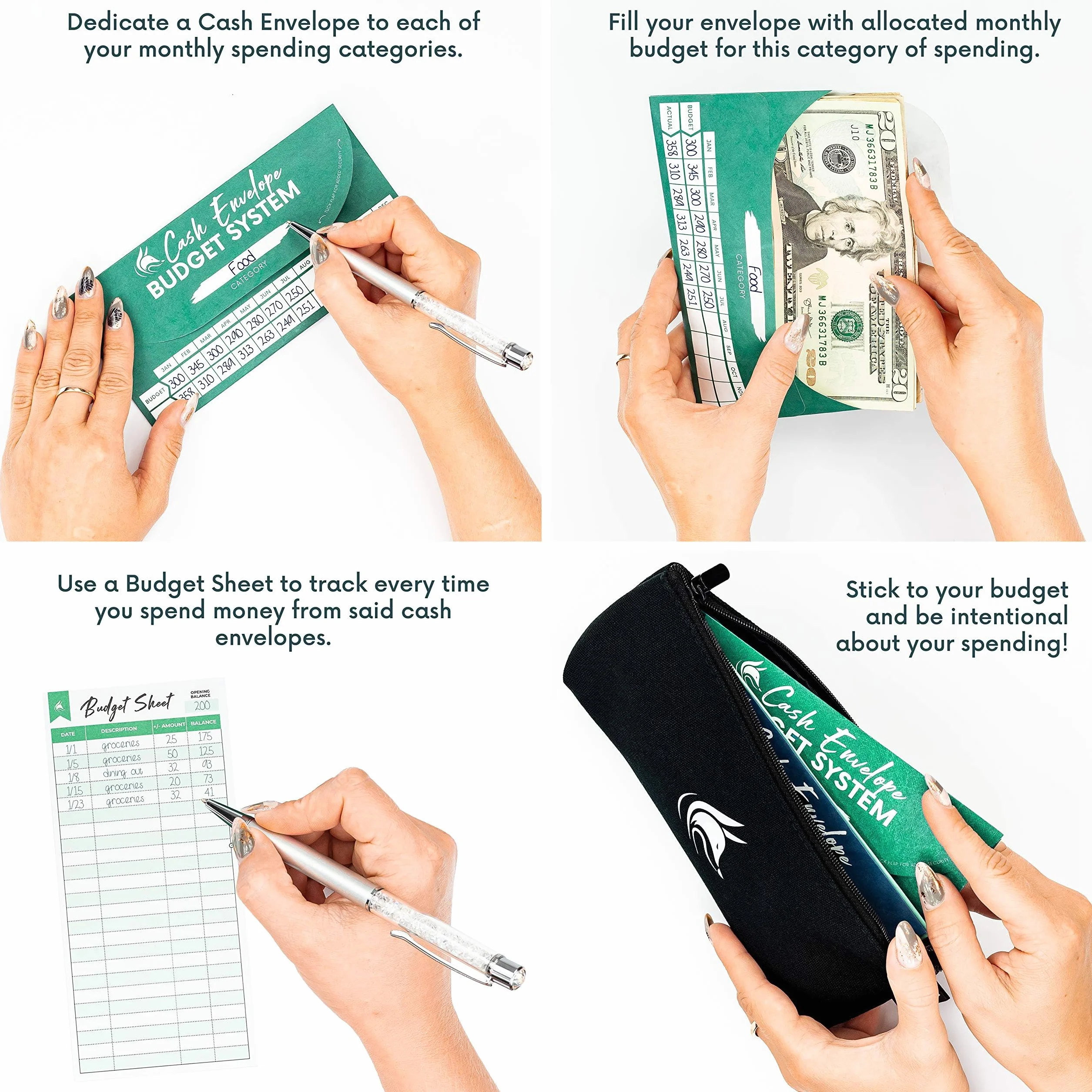 Clever Fox Enveloppes de Caisse Système Budgétaire, 12 Couleurs, Résistant à la Déchirure et à l'Eau, Pochette de Transport 12 Feuilles de Budget Suivi Dépenses