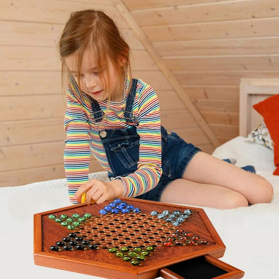 Jeu de Dames Chinoises en Bois, Planche en Bois Naturel, Jeu Familial Hexagonal pour 6 Joueurs, Jouet de Voyage (comme indiqué)